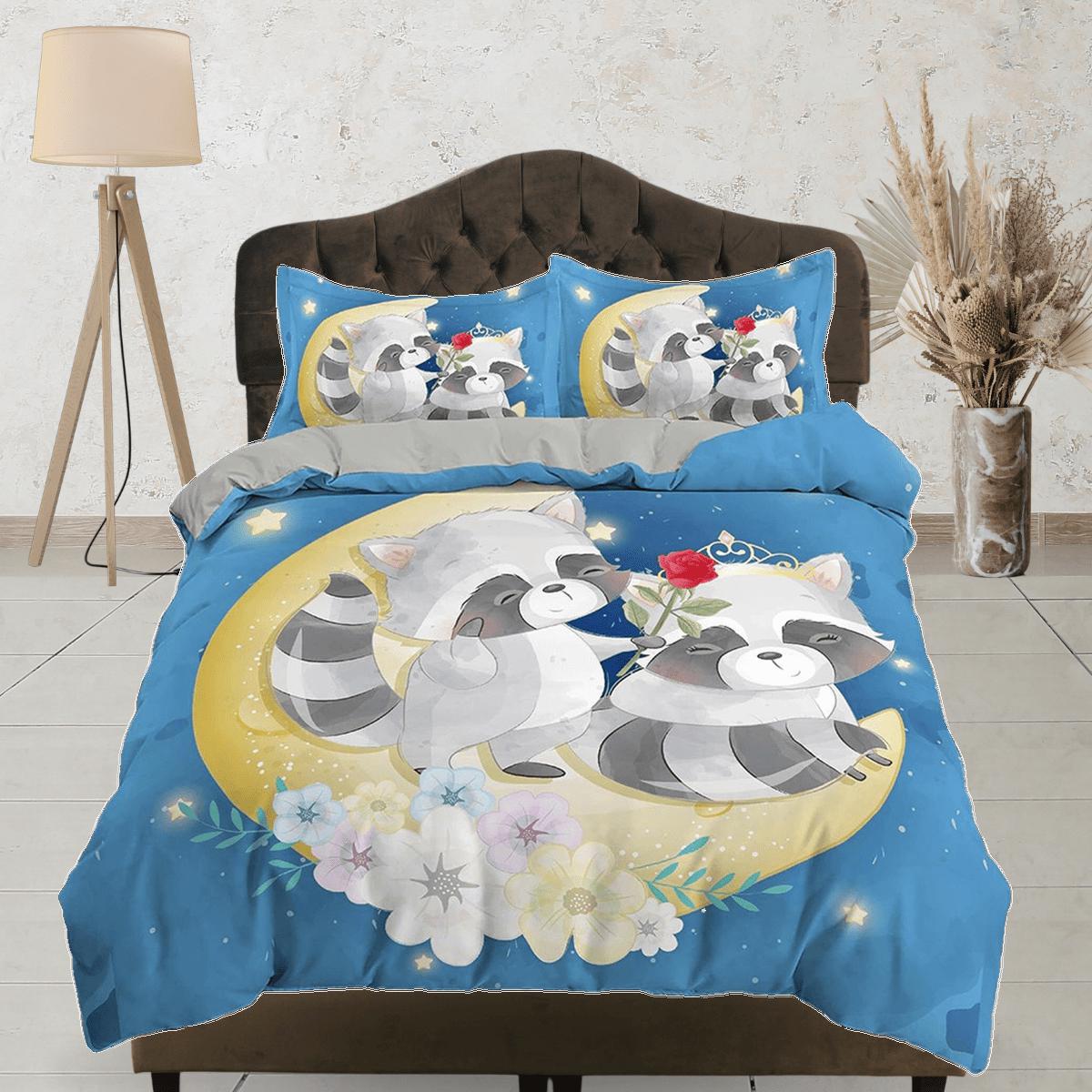 daintyduvet Cute fox lovers in crescent moon, blue toddler bedding, kids duvet cover, crib bedding, baby zipper bedding, king queen full twin