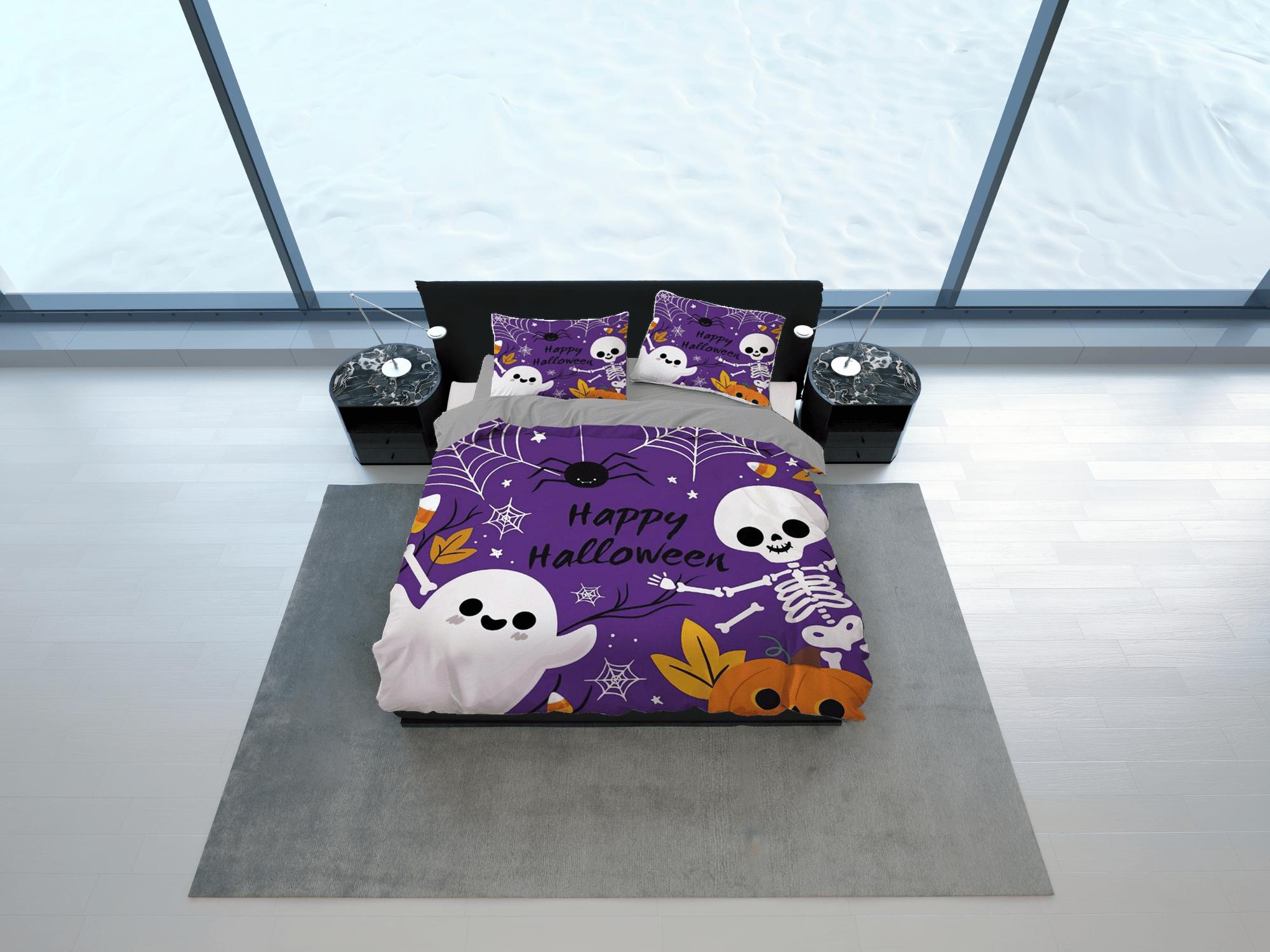 daintyduvet Cute ghost, spider and skeleton halloween bedding & pillowcase, purple duvet cover, dorm bedding, halloween decor gift, toddler bedding