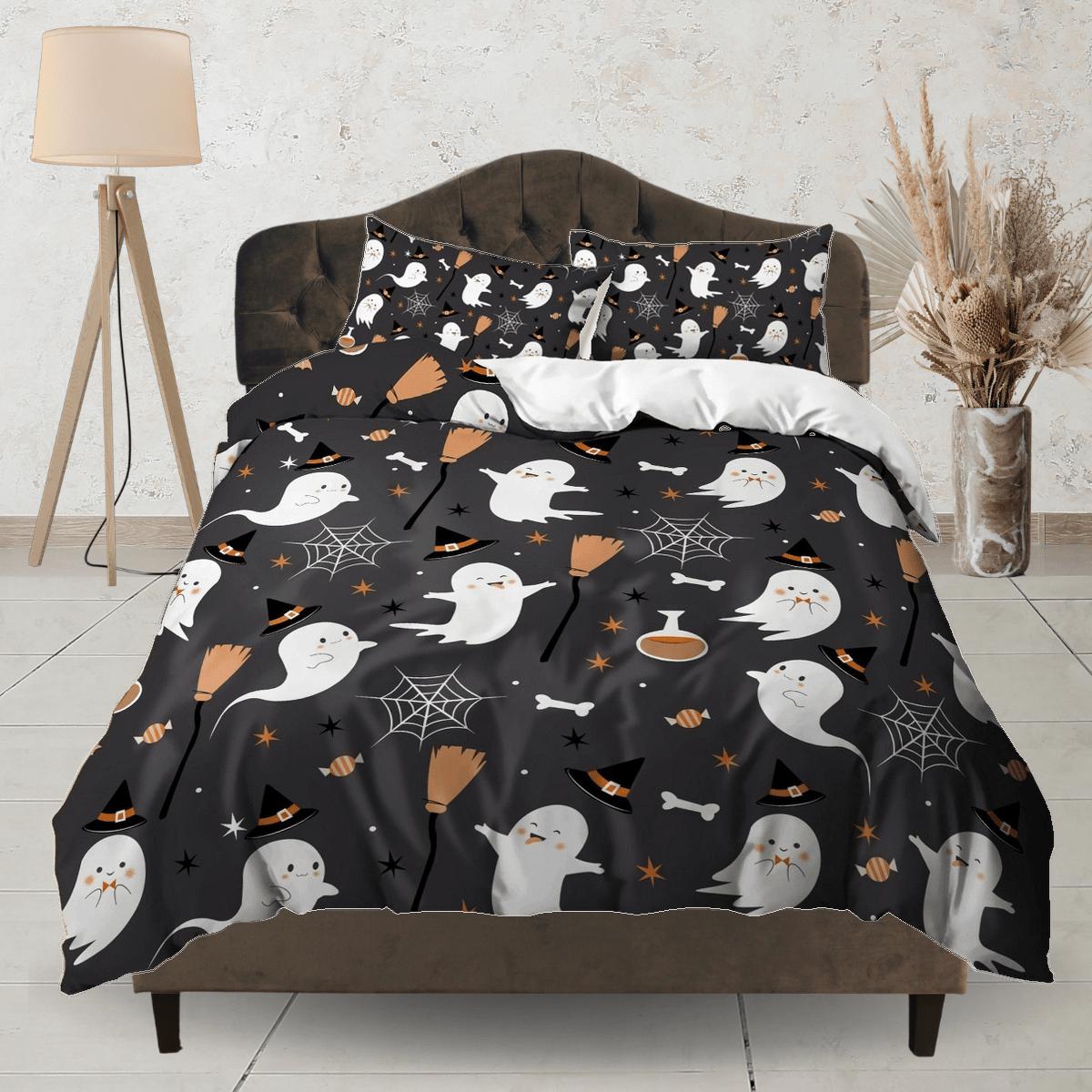 daintyduvet Cute ghost spider web halloween bedding & pillowcase, gothic black duvet cover, dorm bedding, goth decor toddler bedding, halloween gift