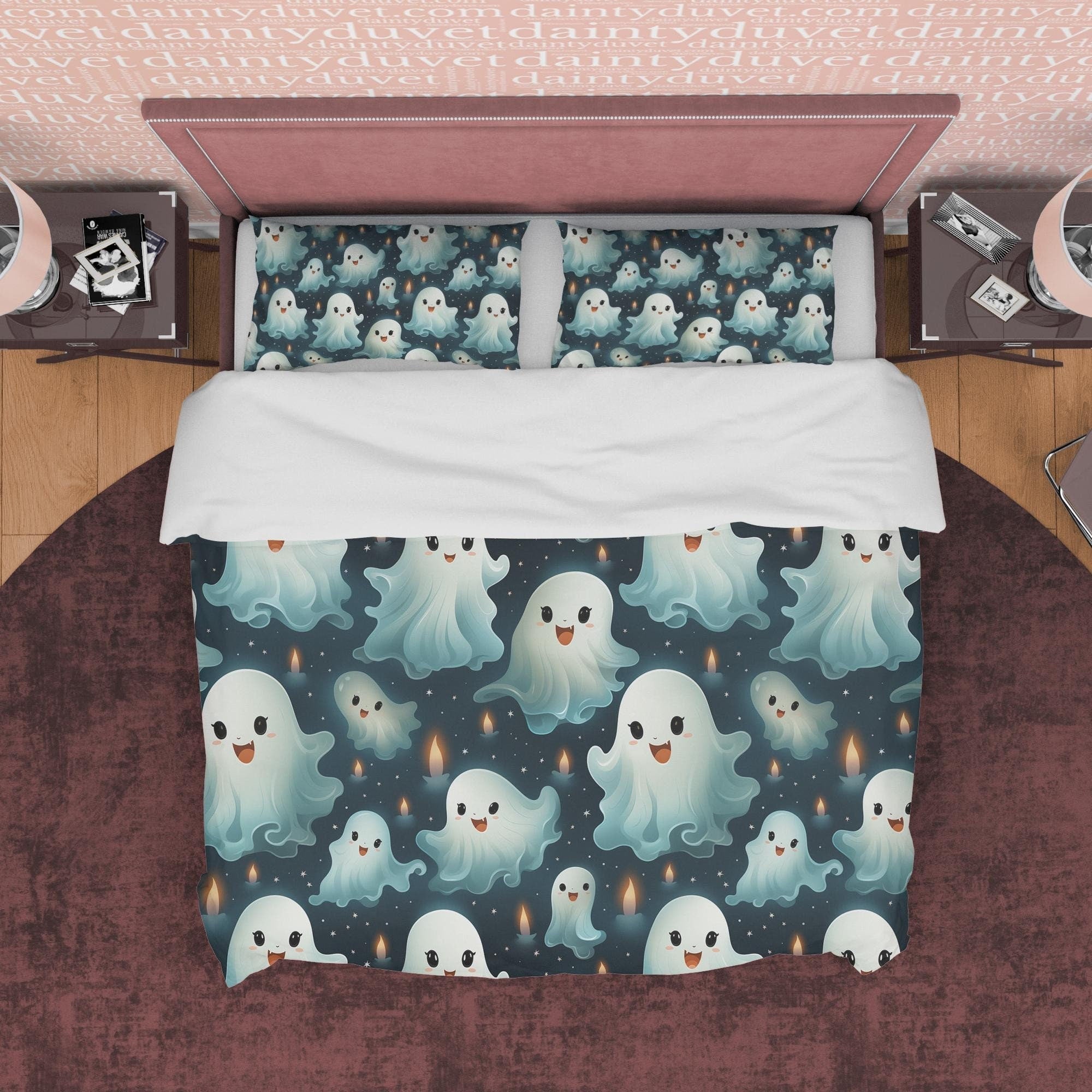 Cute Ghosts, Blue Green Duvet Cover Set & Pillowcase, Aesthetic Zipper Bedding, Kawaii Halloween Gift, US, UK, European, Australian Bed Size
