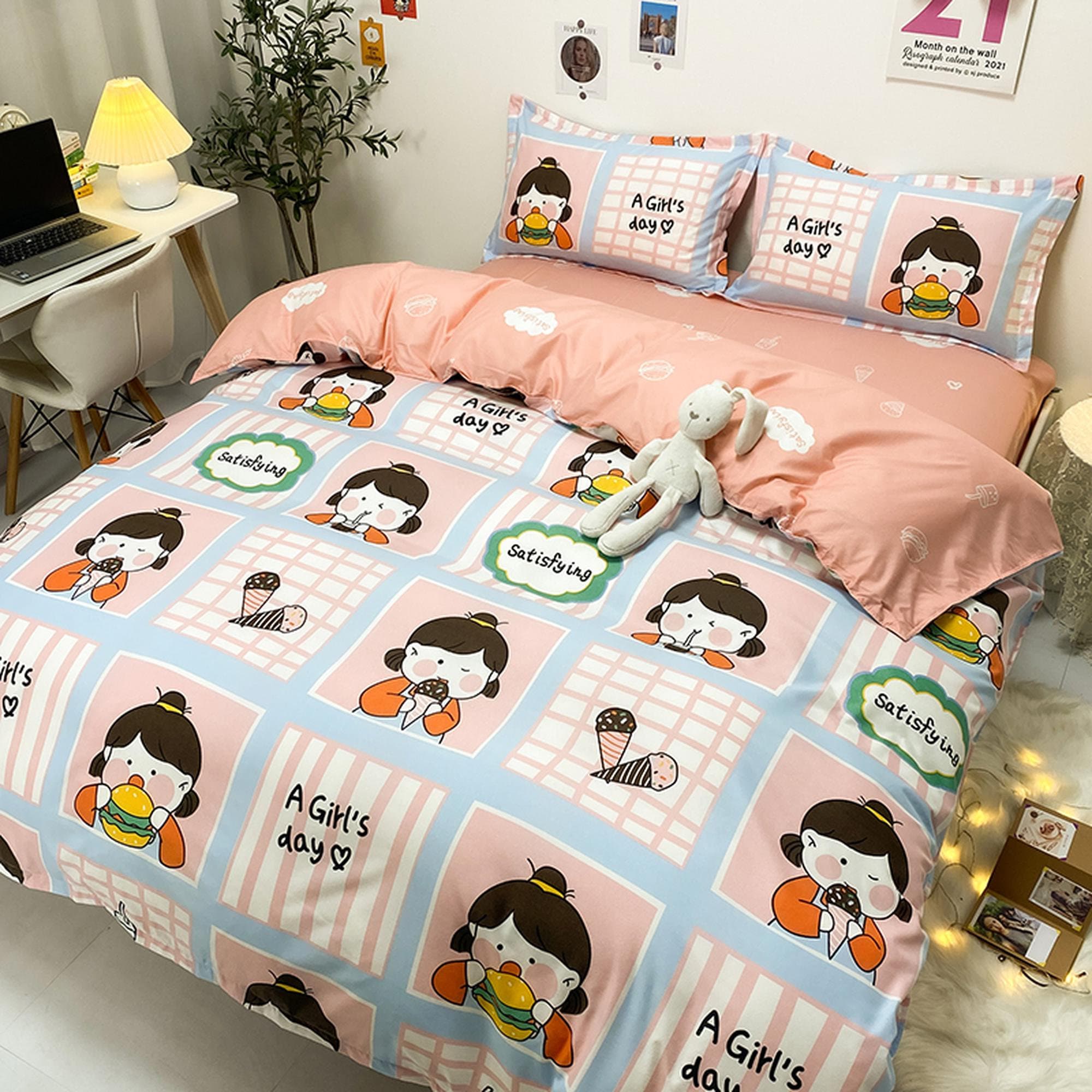 daintyduvet Cute Girly Bedding Set Colorful Peach Flat Sheet, Kawaii Dorm Bedding, Aesthetic Bedding, Kids Duvet Cover King Queen Full Twin Single