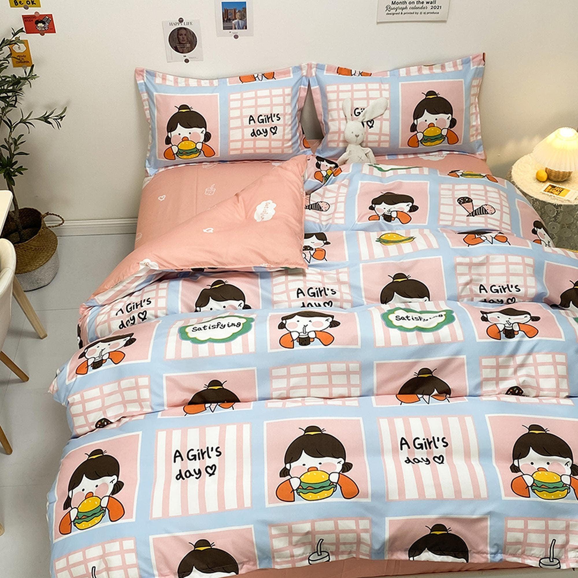 daintyduvet Cute Girly Bedding Set Colorful Peach Flat Sheet, Kawaii Dorm Bedding, Aesthetic Bedding, Kids Duvet Cover King Queen Full Twin Single