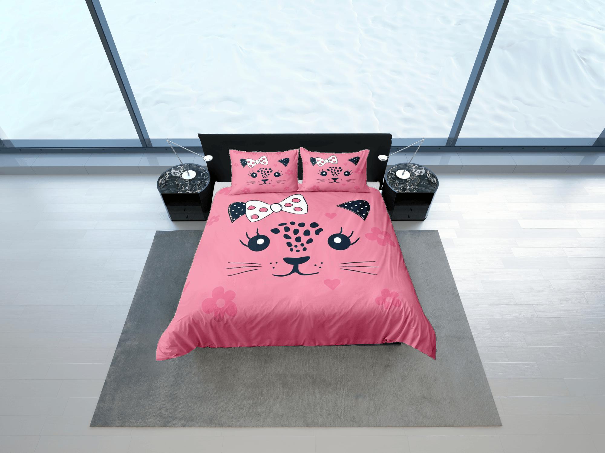daintyduvet Cute Girly Cat Pink Bedding, Toddler Bedding, Kids Duvet Cover Set, Baby Bedding Cat Face with Ribbon Doona Cover up to California King Size