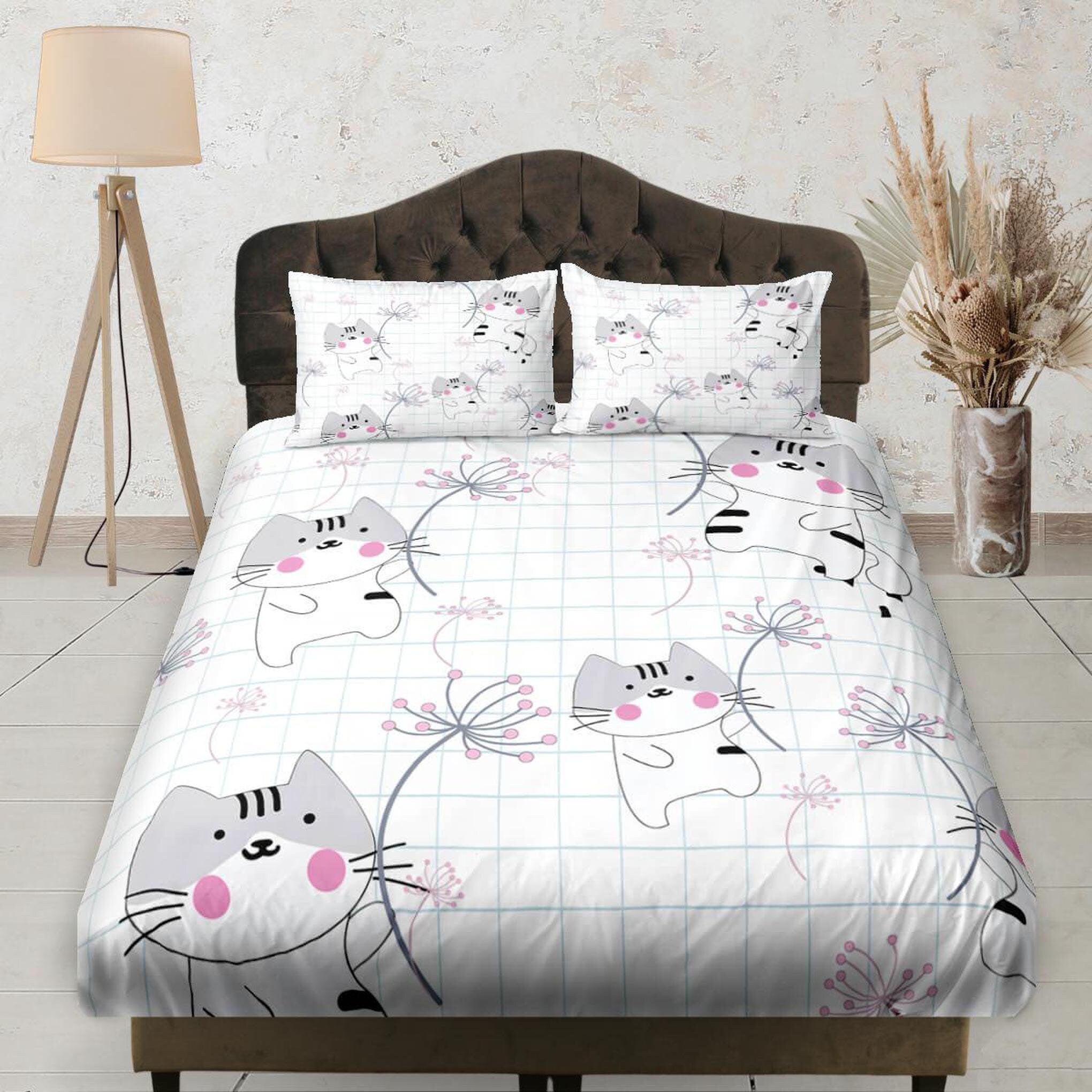 daintyduvet Cute Grey Cat Japanese Aesthetic Fitted Sheet Deep Pocket, Baby Bedding Set Full, Elastic Bedsheet, Dorm Bedding, Crib Sheet, King, Queen