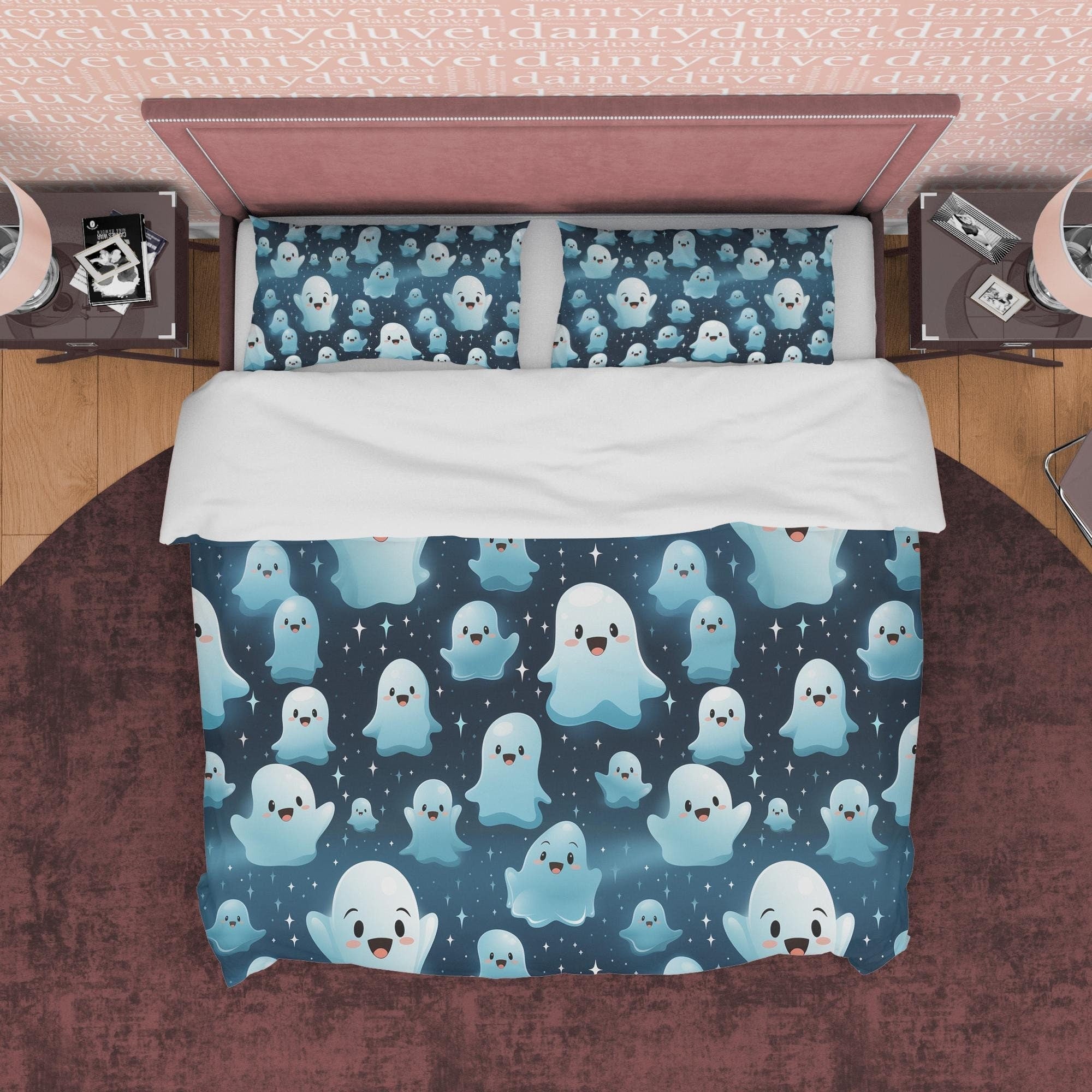 Cute Halloween Ghosts, Deep Blue Duvet Cover Set & Pillowcase, Aesthetic Bedding, Halloween Decor, US, UK, European, Australian Bed Size