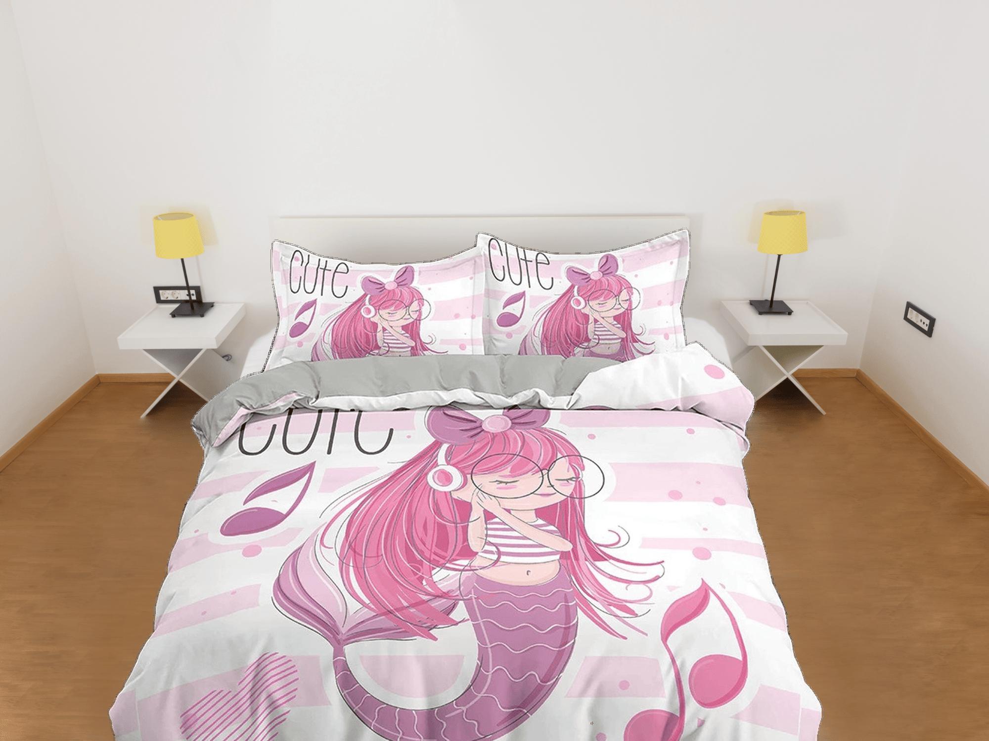 daintyduvet Cute Mermaid Kids Duvet Cover Set, Girly Pink Bedding Set, Toddler Bedding, Kids Bedroom, Music Lover Bed, Duvet King Queen Full Twin Single