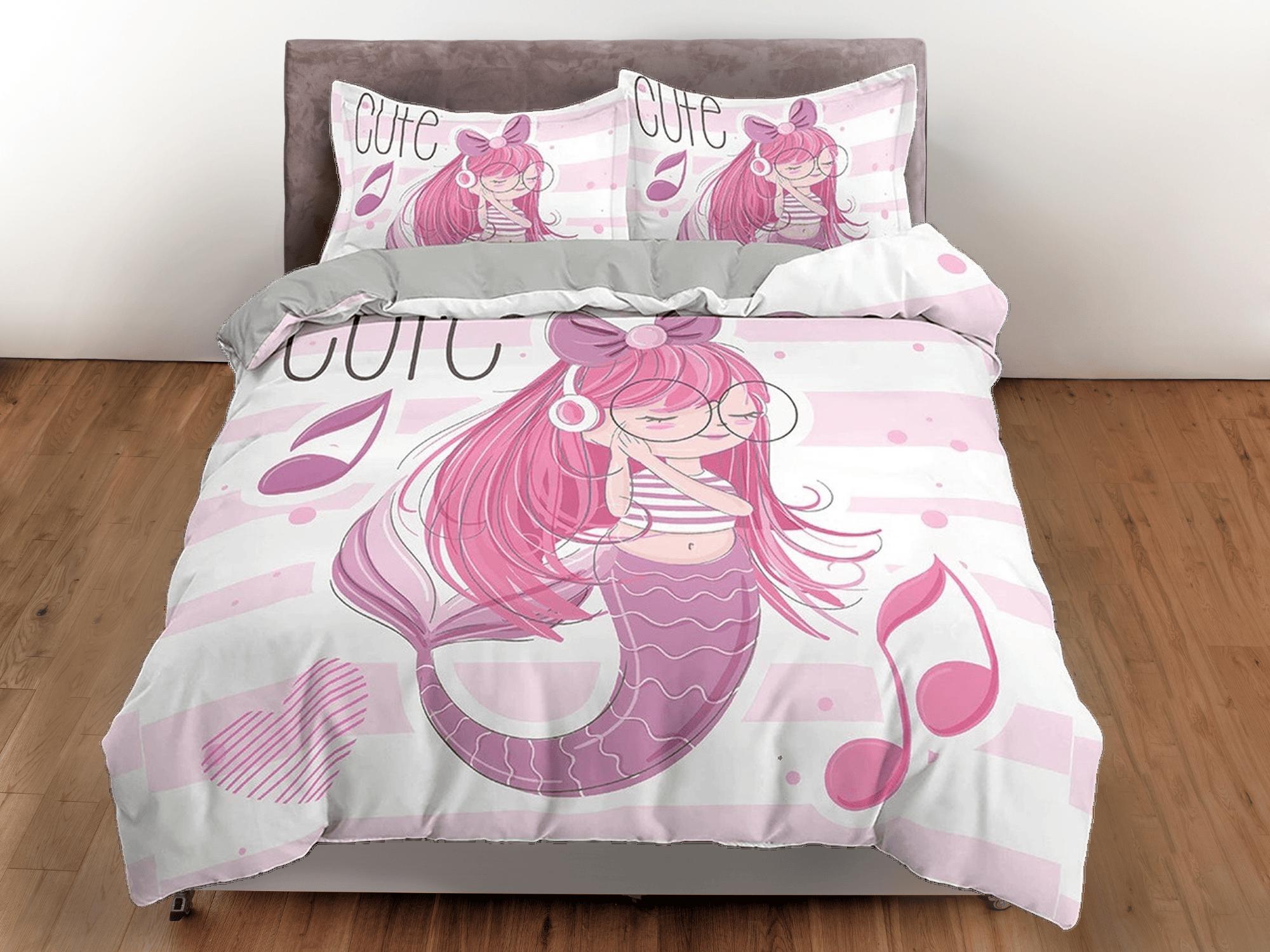 daintyduvet Cute Mermaid Kids Duvet Cover Set, Girly Pink Bedding Set, Toddler Bedding, Kids Bedroom, Music Lover Bed, Duvet King Queen Full Twin Single