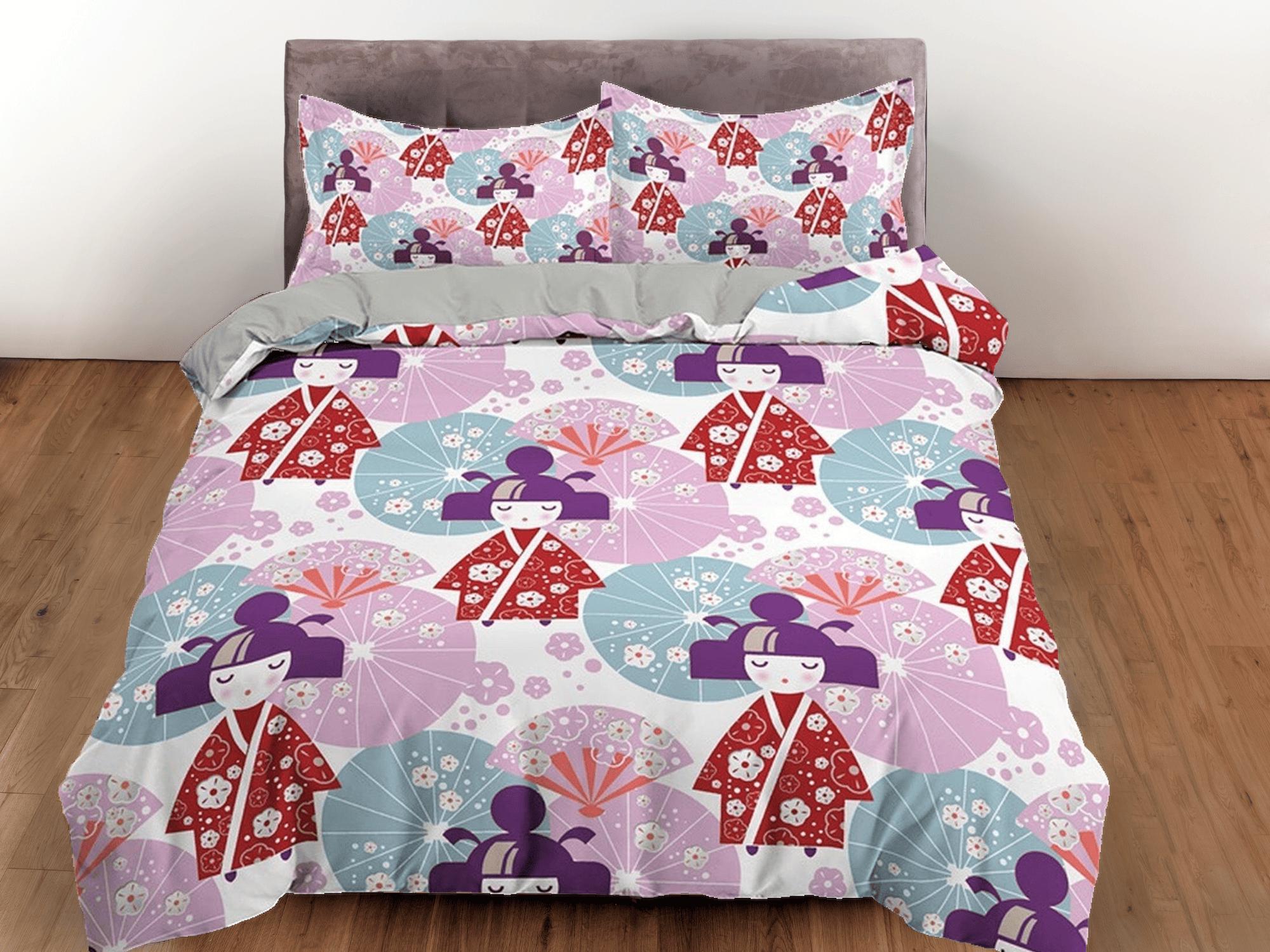 daintyduvet Cute oriental bedding for kids, kawaii geisha in kimono, colorful bedding, japanese duvet cover set for king, queen, full, twin, toddler bed