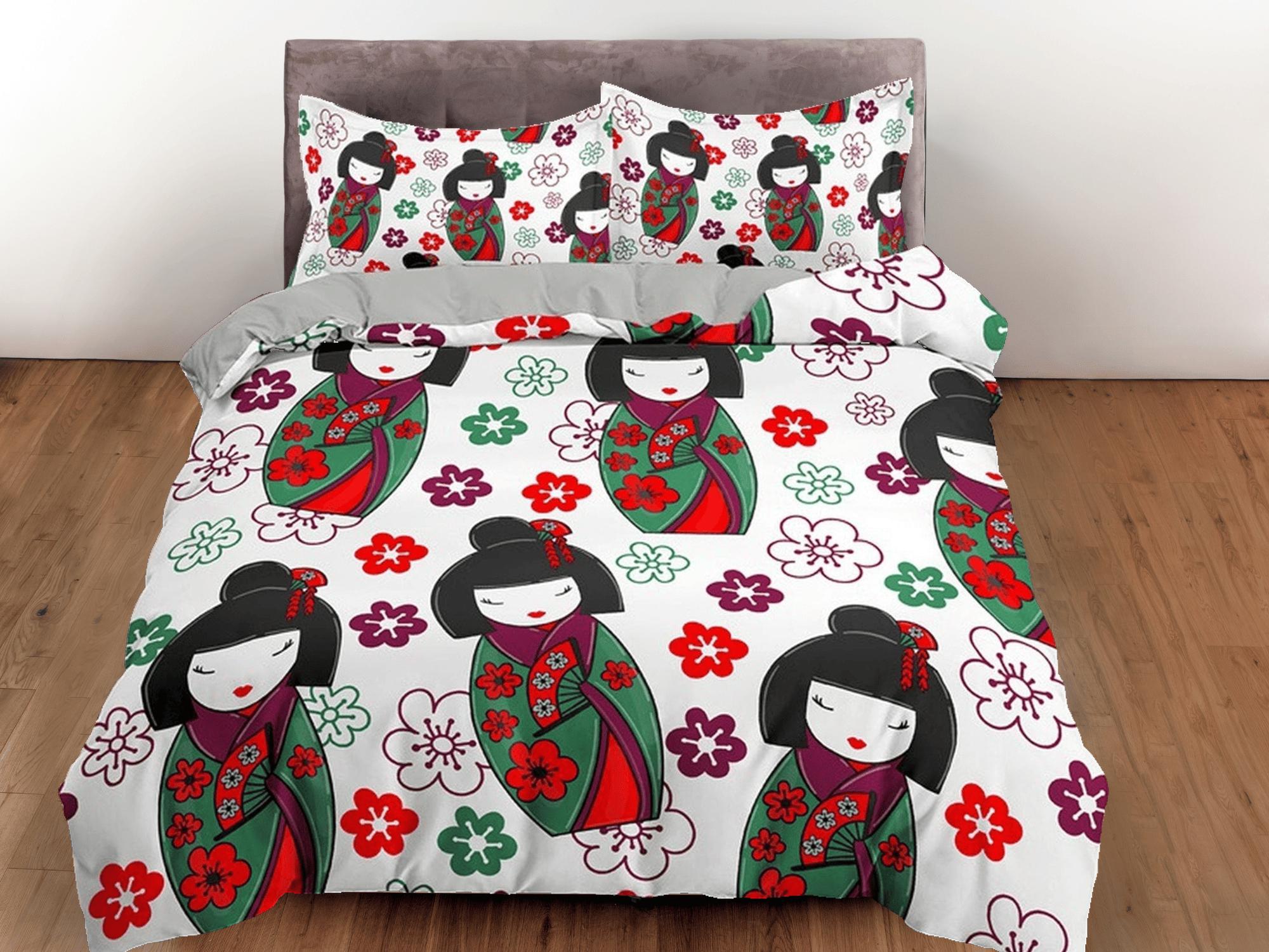 daintyduvet Cute oriental bedding, japan culture, geisha in kimono and floral prints, japanese duvet cover for king, queen, full, twin, toddler bedding