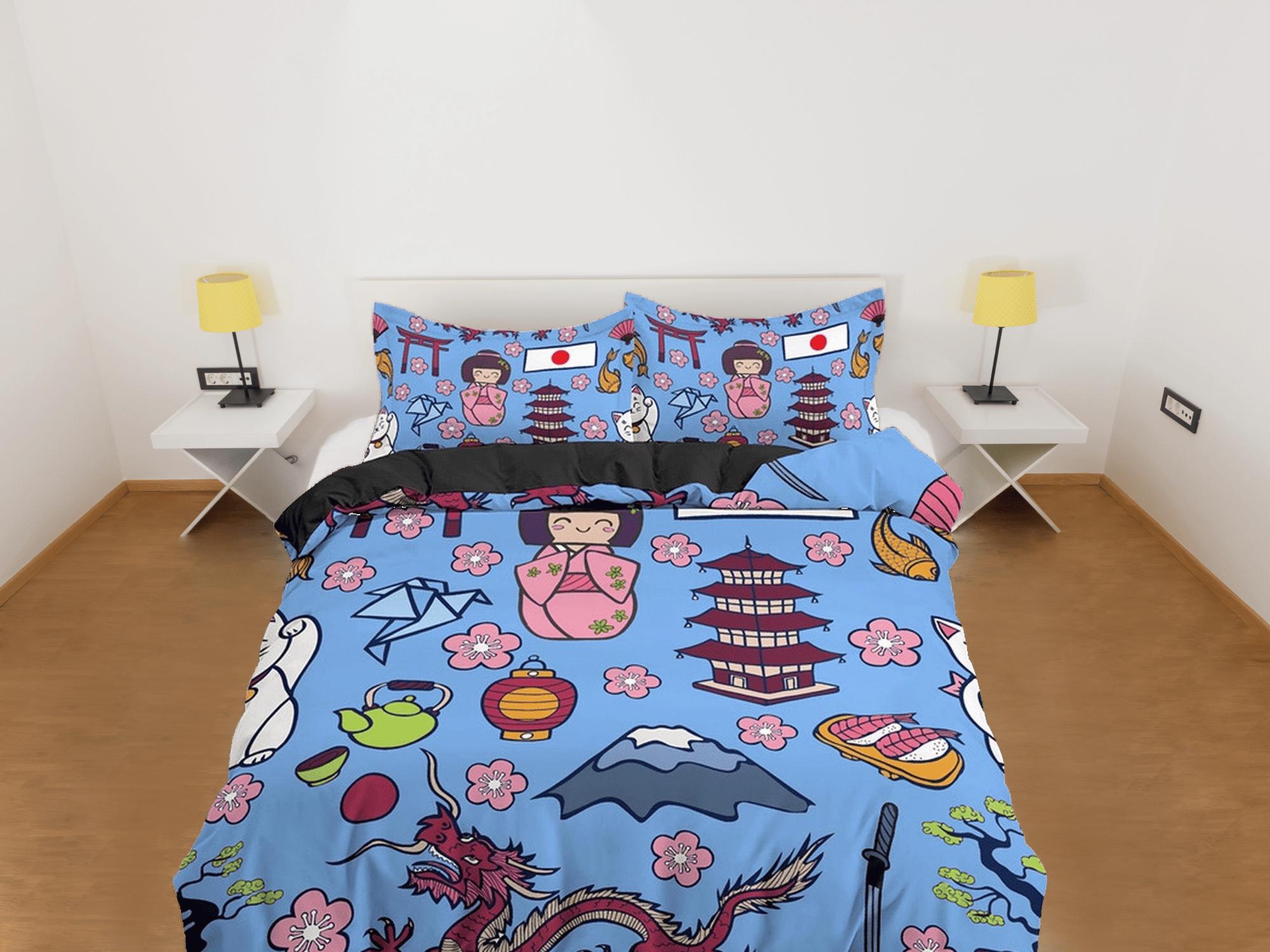 daintyduvet Cute oriental blue bedding for kids, japan culture, kimono and dragon, japanese duvet cover set for king, queen, full, twin, toddler bed