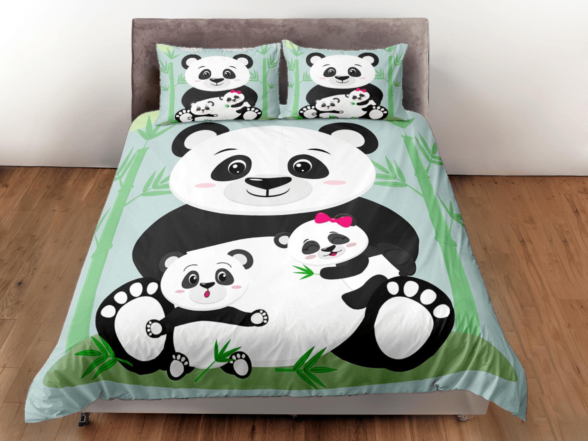 daintyduvet Cute Panda Family Green Duvet Cover Set Bedspread, Kids Bedding with Pillowcase
