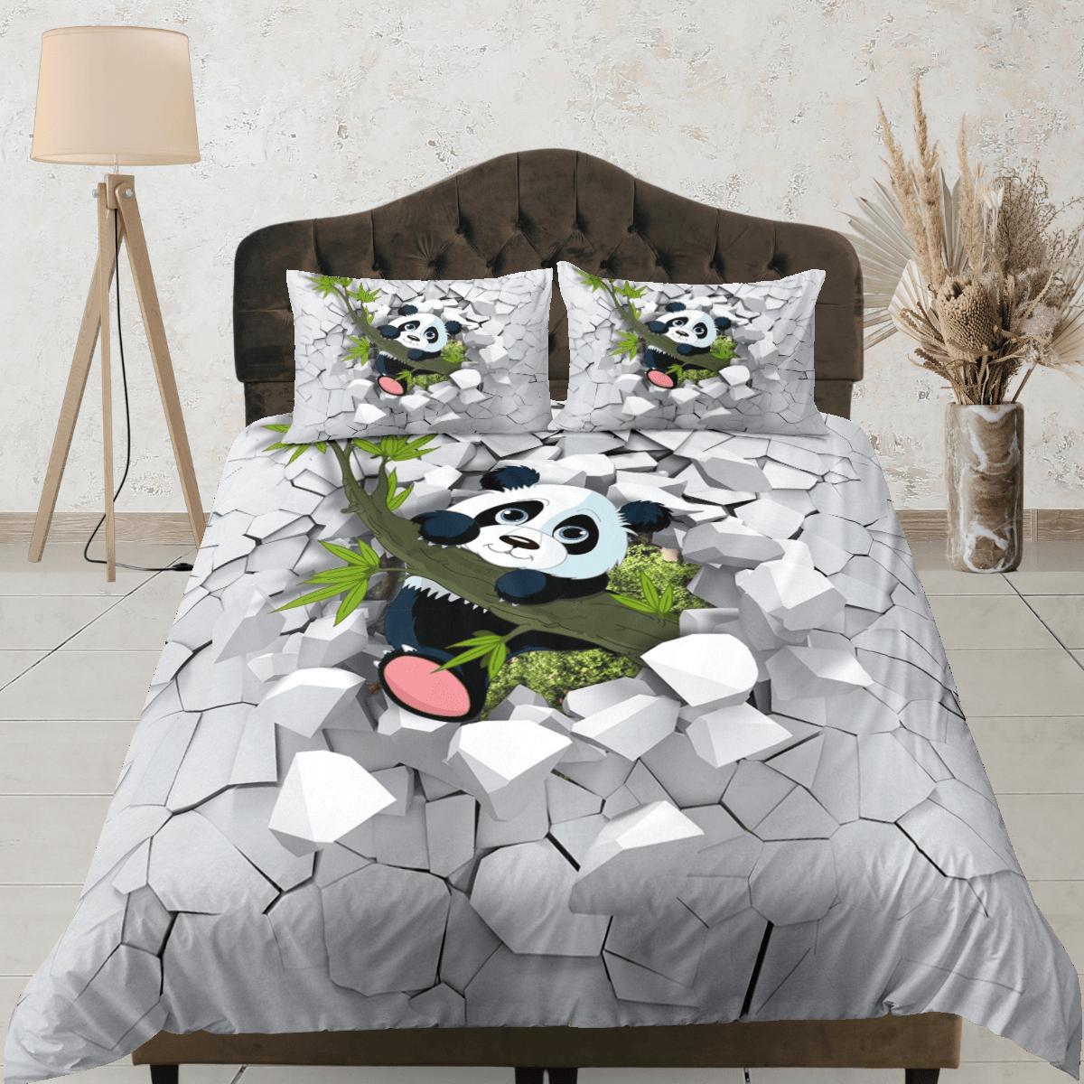 daintyduvet Cute Panda in Bamboo Duvet Cover Set Colorful Bedspread, Kids Full Bedding Set with Pillowcase, Comforter Cover Twin