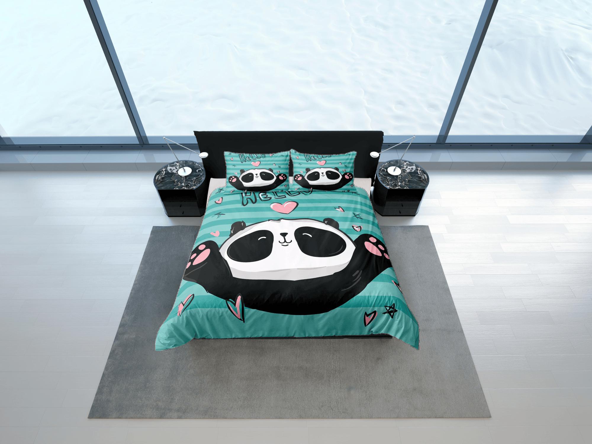 daintyduvet Cute Panda Lover Green Duvet Cover Set Colorful Bedspread, Kids Bedding Pillowcase