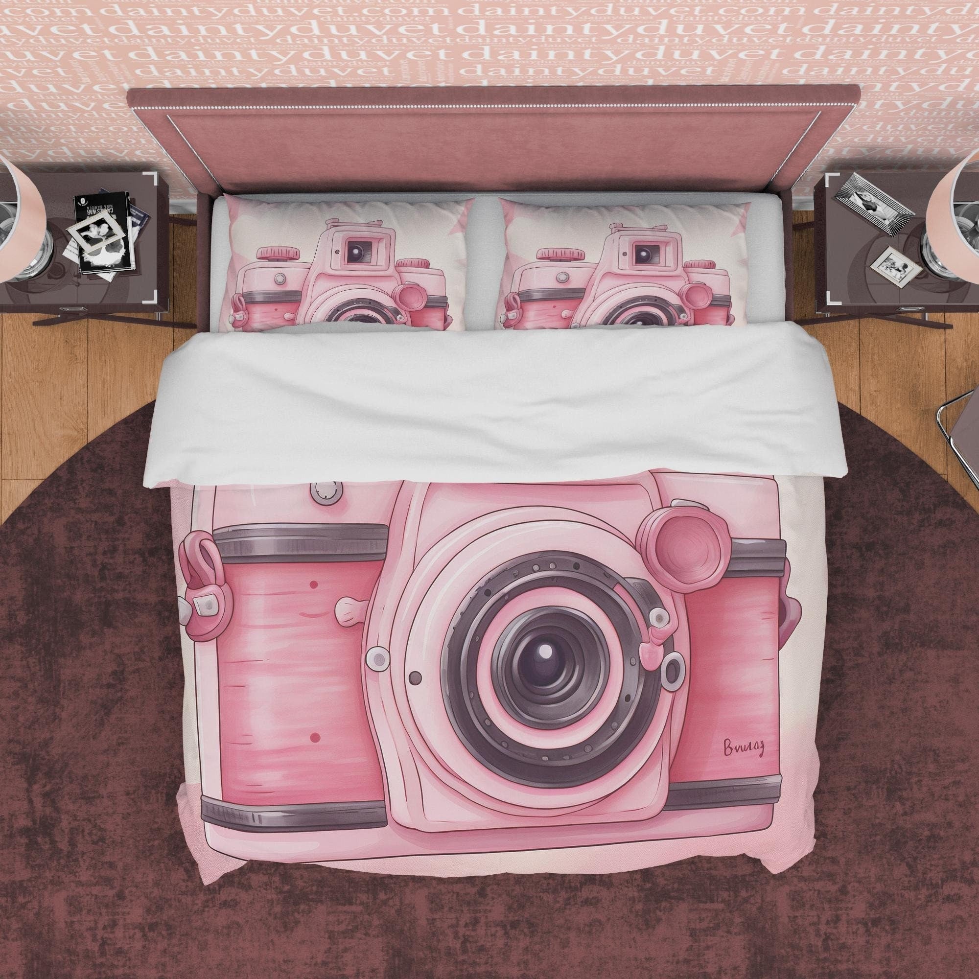 Cute Pink Camera Girl Bedroom Duvet Cover,  Unique Girl Cute Quilt Cover, Girly Photo Lover Bedding, Female Photographer Blanket Cover