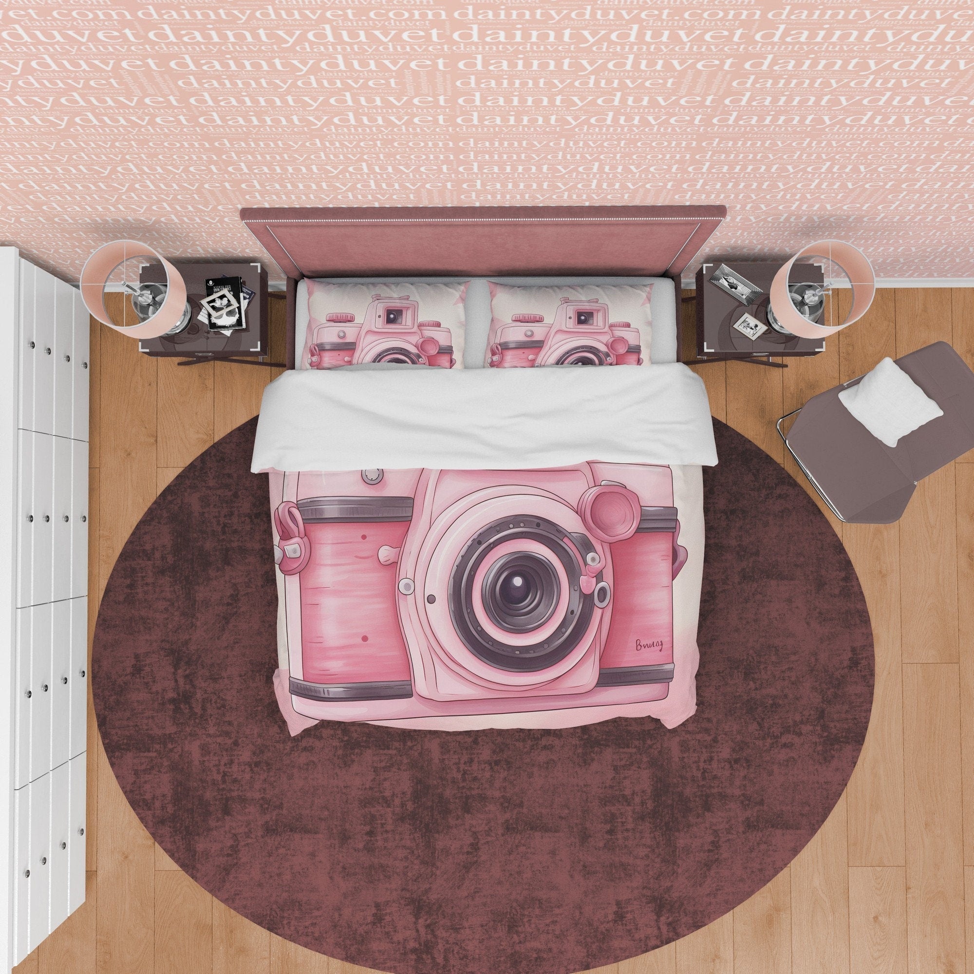 Cute Pink Camera Girl Bedroom Duvet Cover,  Unique Girl Cute Quilt Cover, Girly Photo Lover Bedding, Female Photographer Blanket Cover