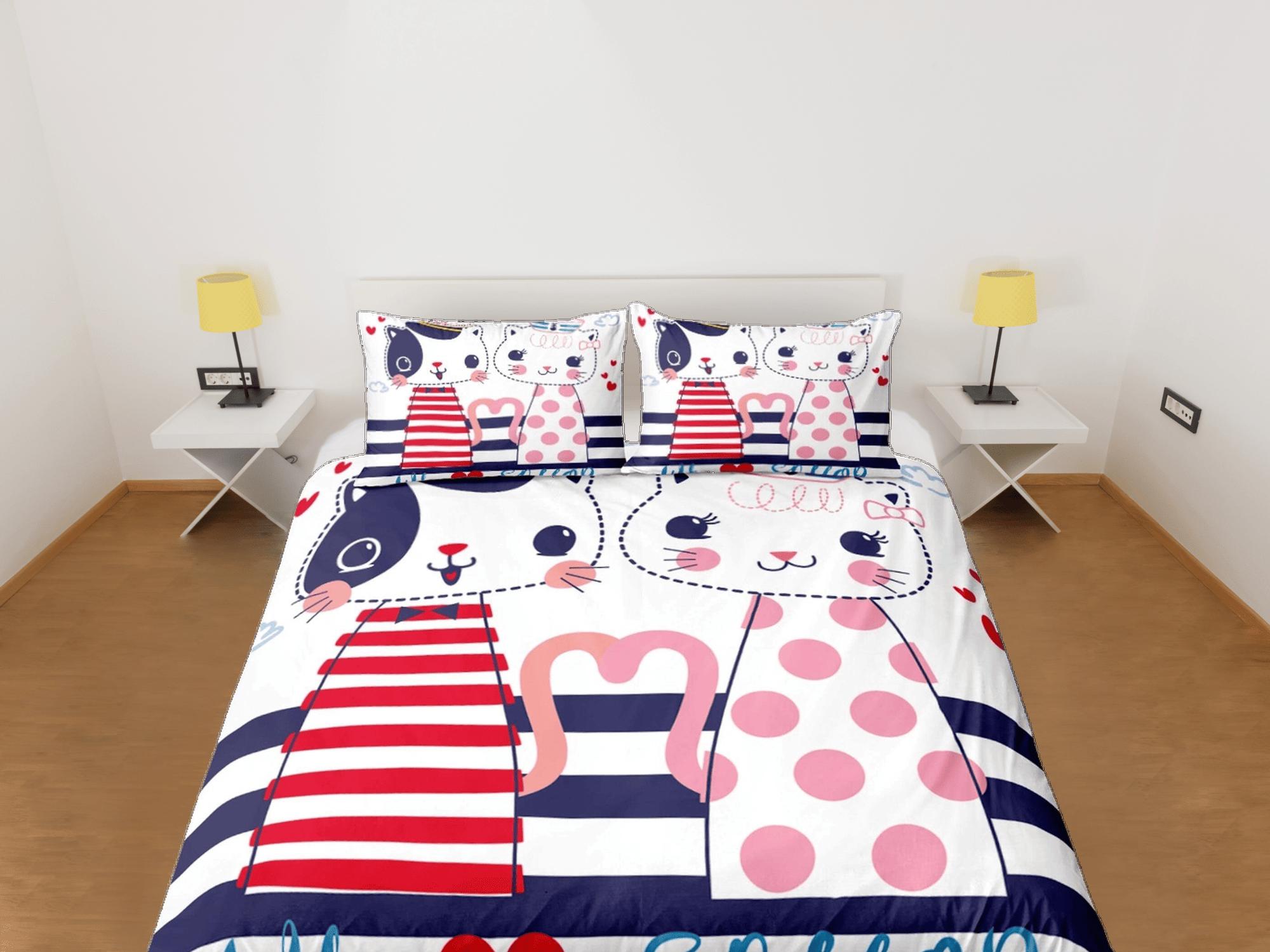 daintyduvet Cute sailor couple cat bedding, toddler bedding, kids duvet cover set, gift for cat lovers, baby bedding, baby shower gift, young couple