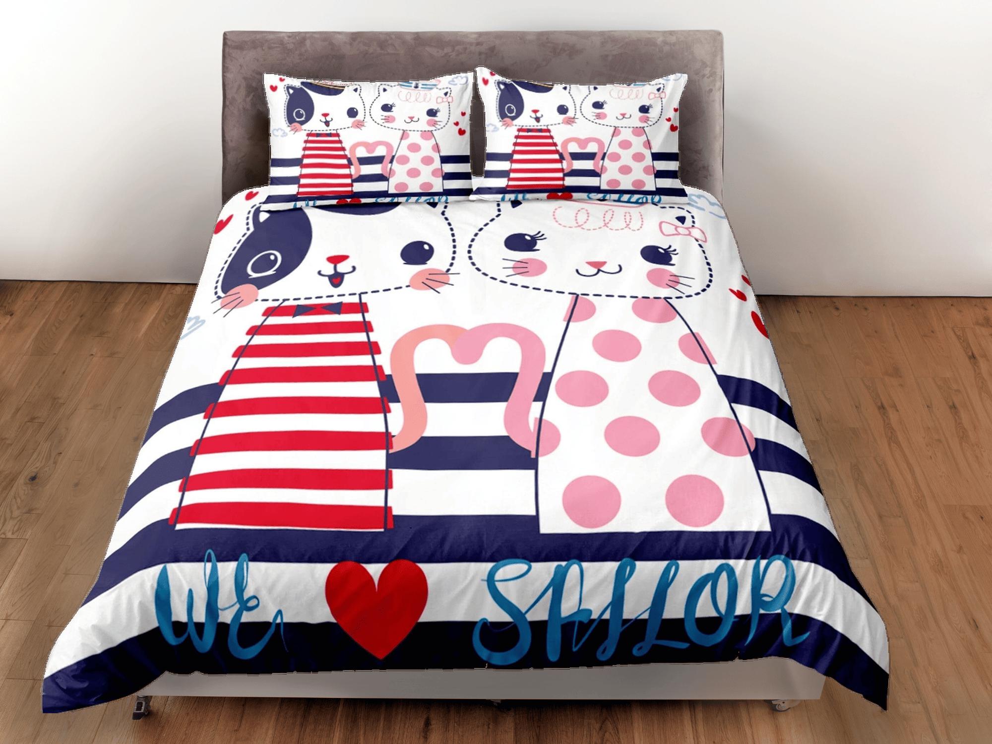 daintyduvet Cute sailor couple cat bedding, toddler bedding, kids duvet cover set, gift for cat lovers, baby bedding, baby shower gift, young couple