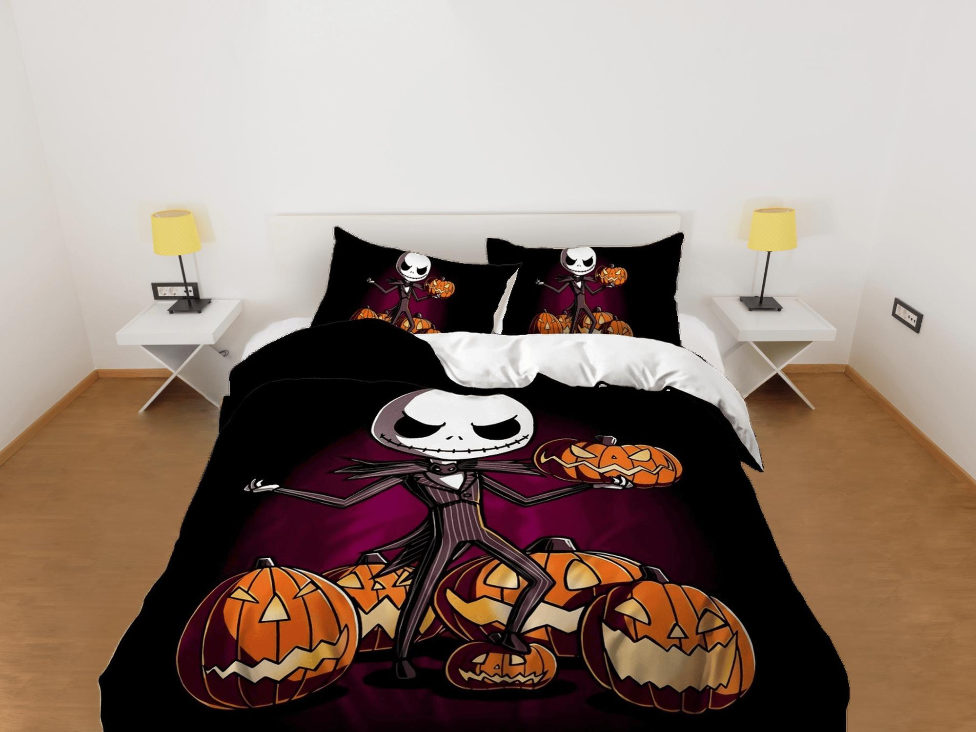 daintyduvet Cute skeleton in tuxedo holding pumpkin halloween bedding & pillowcase, duvet cover, dorm bedding, goth decor toddler bedding halloween gift