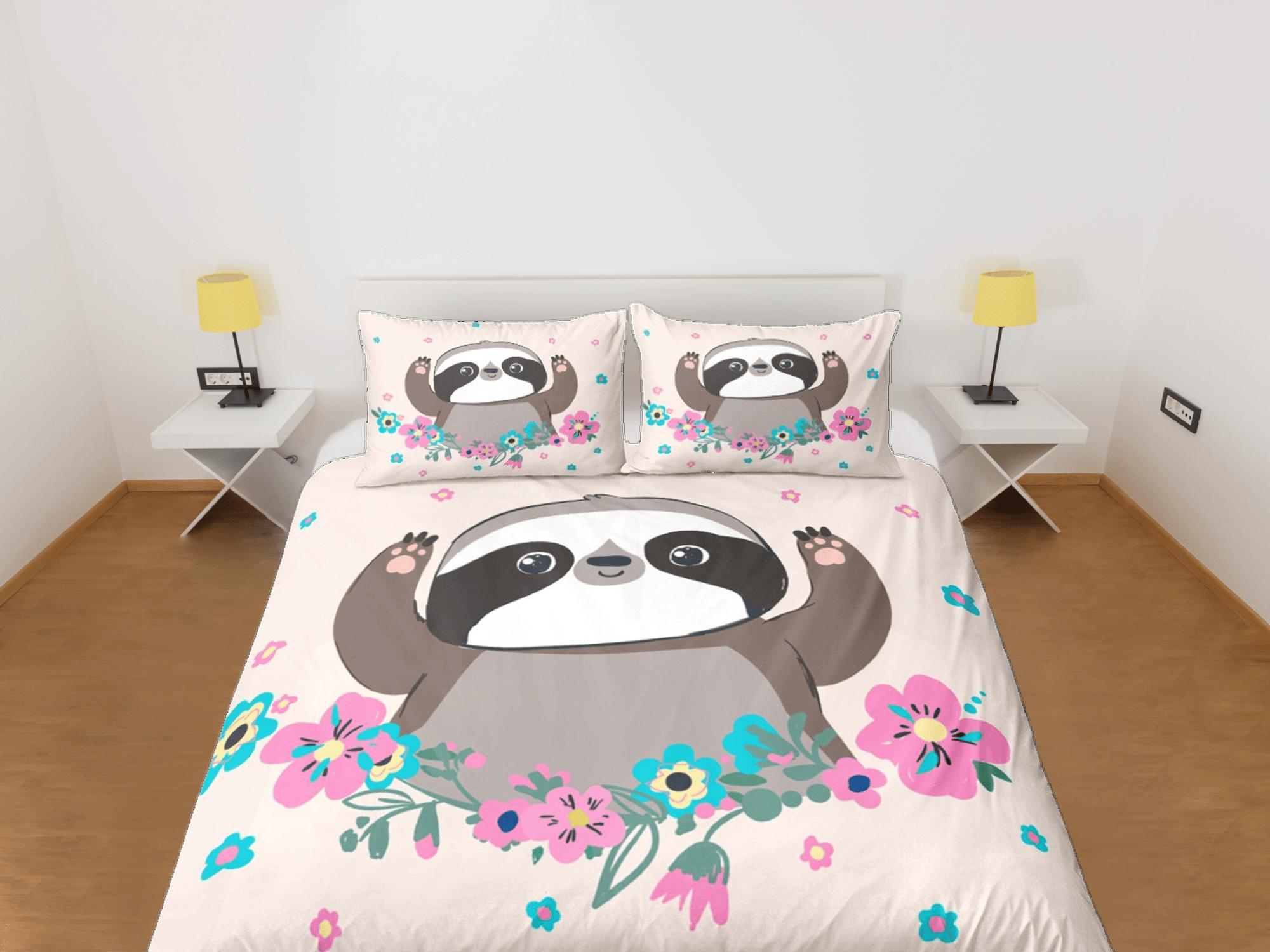 daintyduvet Cute Sloth Girly Duvet Cover Set Colorful Bedspread, Kids Full Bedding Set with Pillowcase, Comforter Cover Twin
