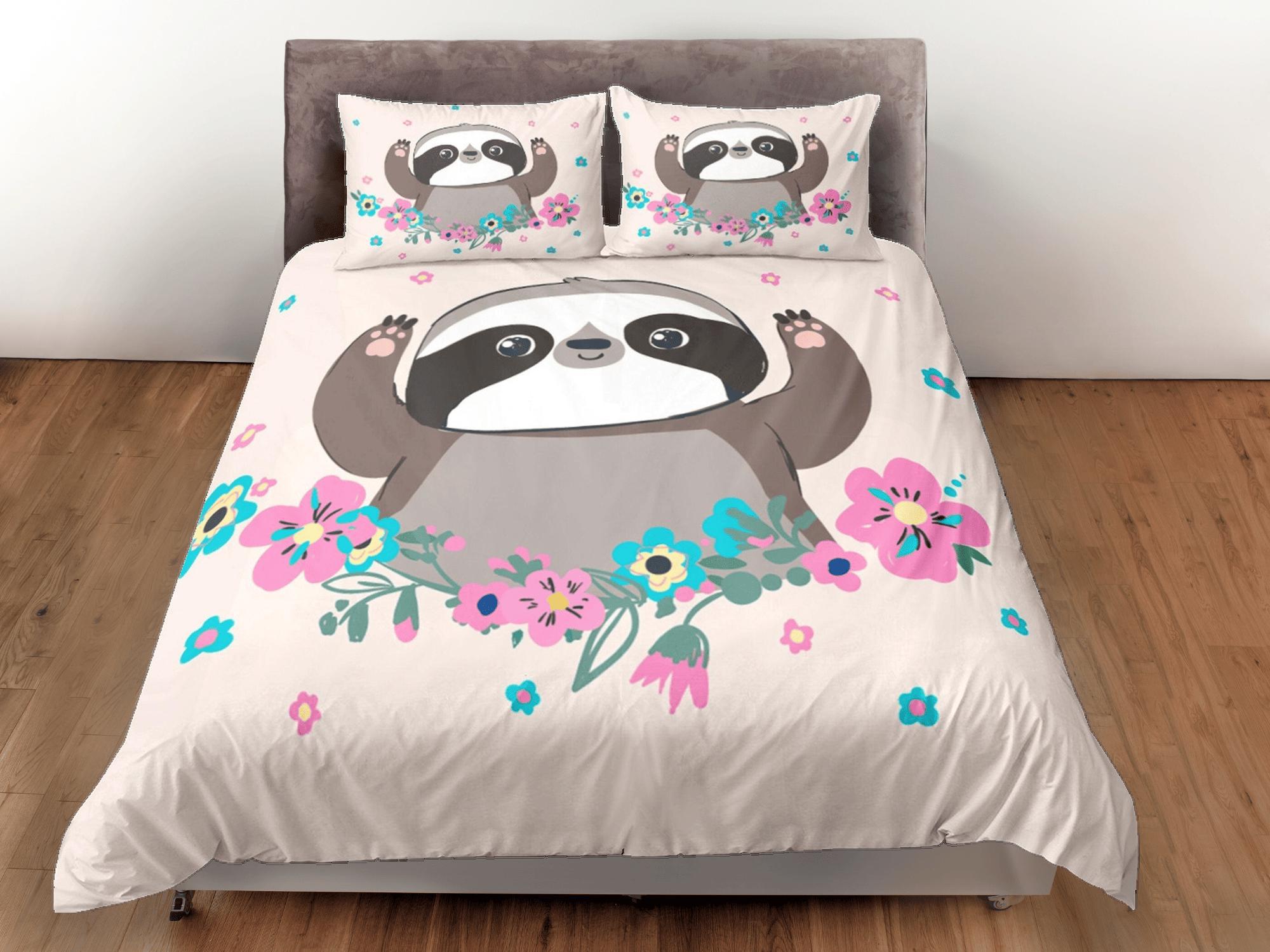 daintyduvet Cute Sloth Girly Duvet Cover Set Colorful Bedspread, Kids Full Bedding Set with Pillowcase, Comforter Cover Twin