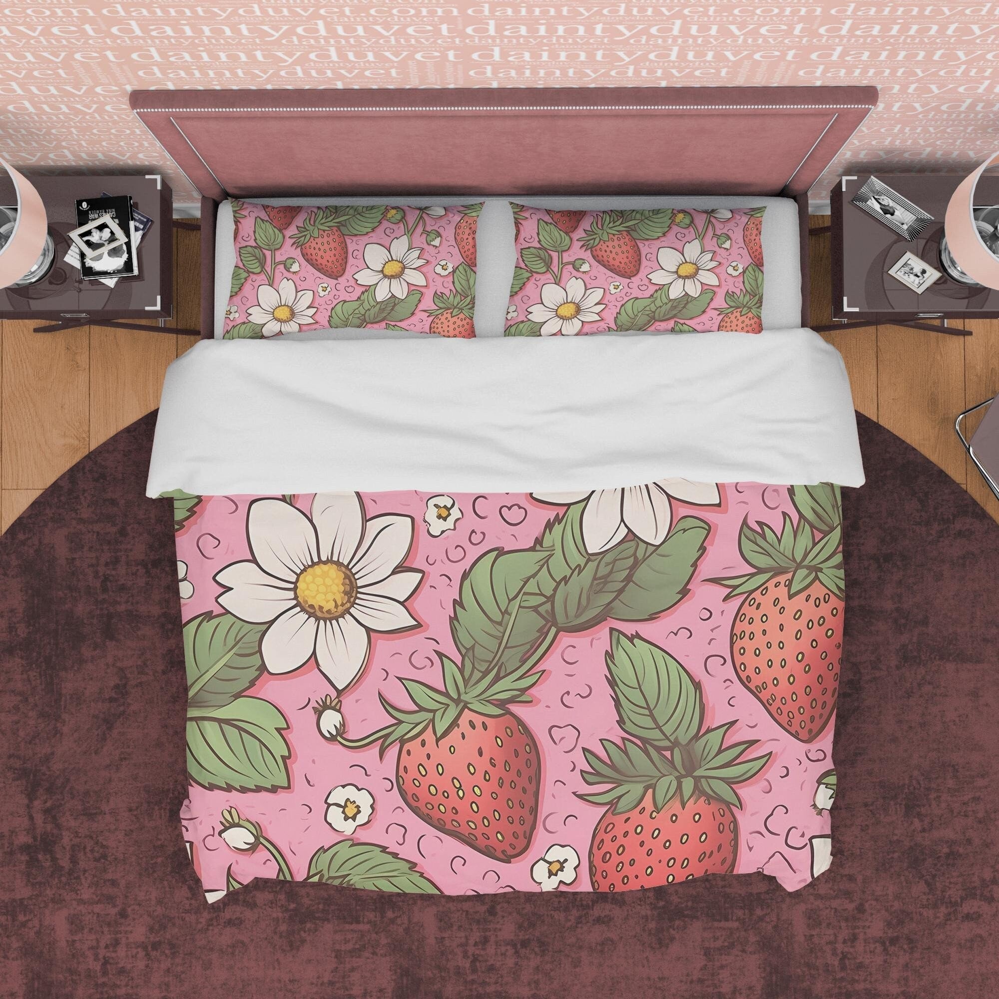 Cute Strawberry Duvet Cover Boho Bedroom Set, Floral Pink Bedspread, Girly Quilt Cover, Dorm Bedding, Baby Girl Toddler Bedding, Foodie Gift