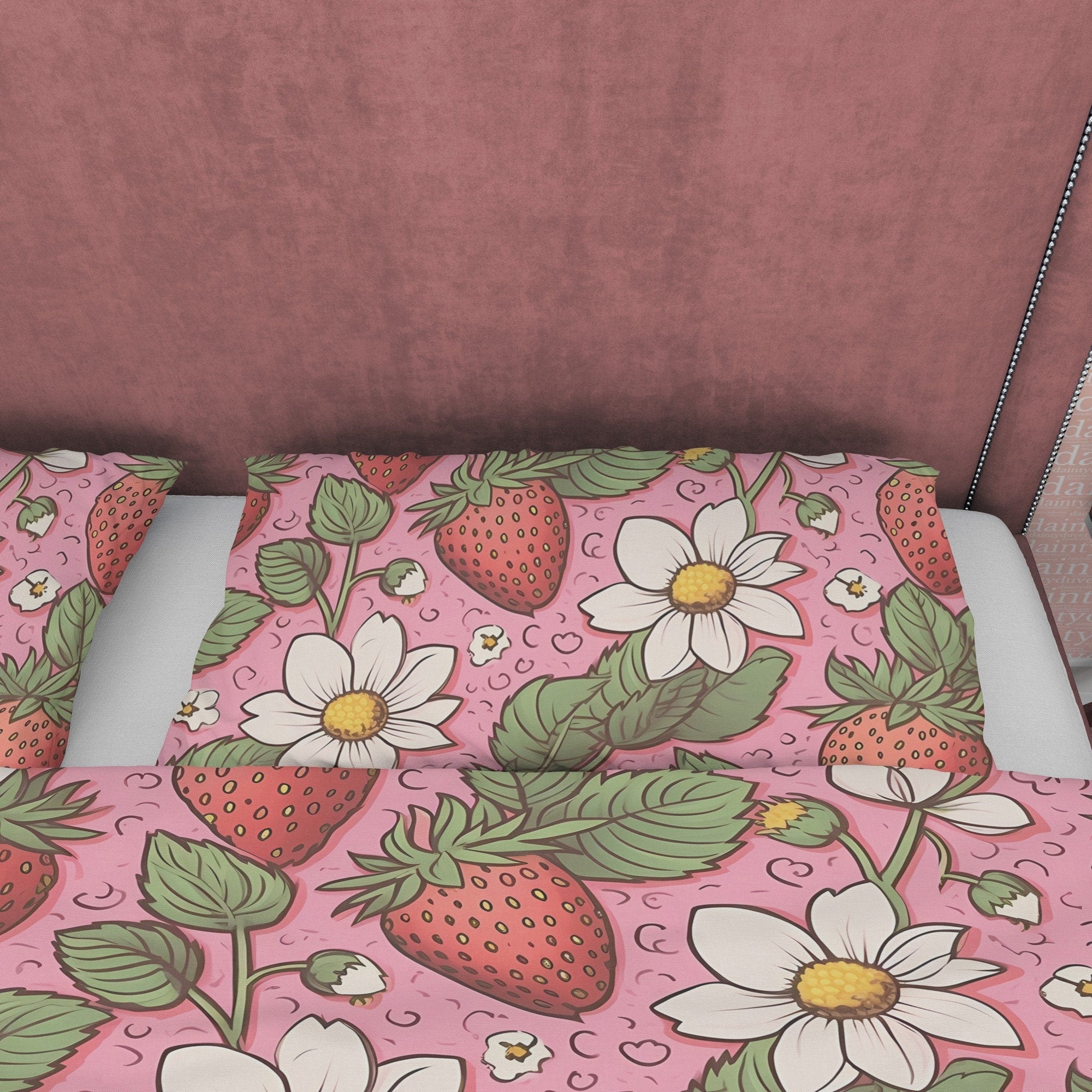 Cute Strawberry Duvet Cover Boho Bedroom Set, Floral Pink Bedspread, Girly Quilt Cover, Dorm Bedding, Baby Girl Toddler Bedding, Foodie Gift