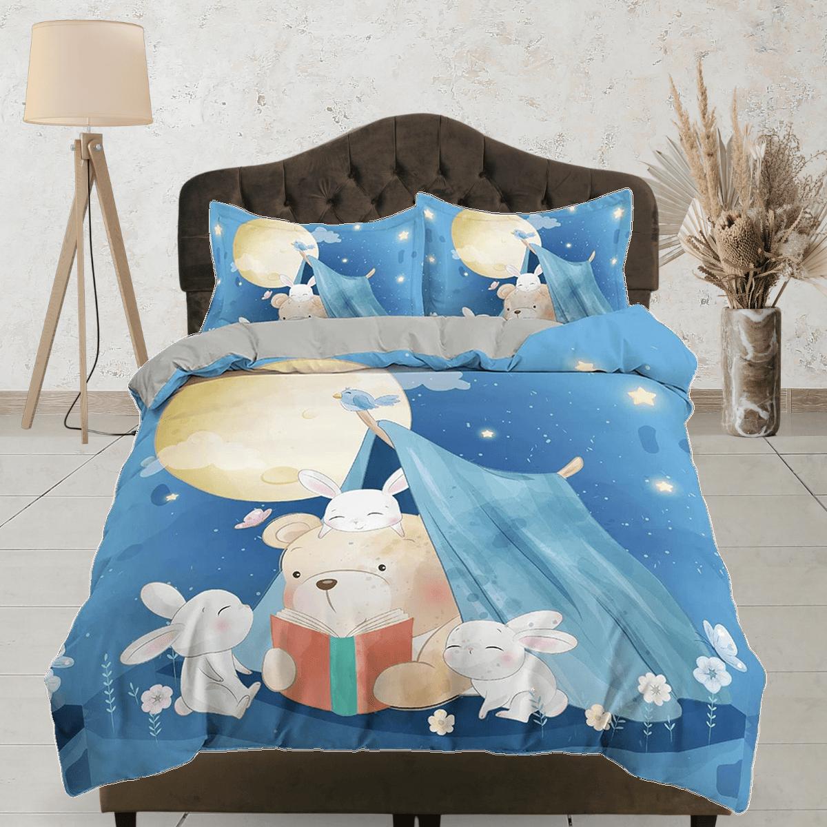 daintyduvet Cute teddy bear and bunny night camp toddler bedding, duvet cover for nursery kids, crib bedding, baby zipper bedding, king queen full twin