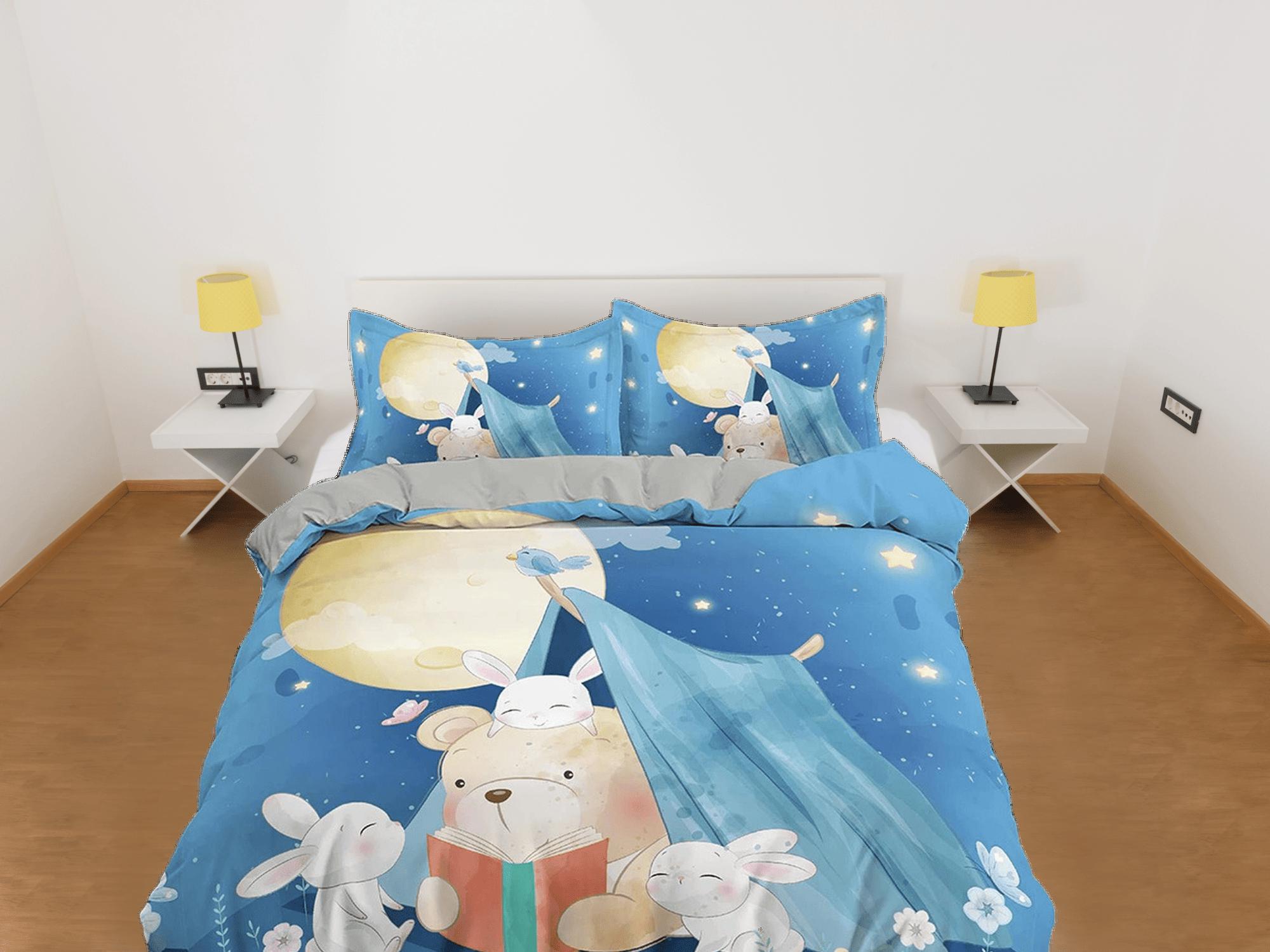 daintyduvet Cute teddy bear and bunny night camp toddler bedding, duvet cover for nursery kids, crib bedding, baby zipper bedding, king queen full twin