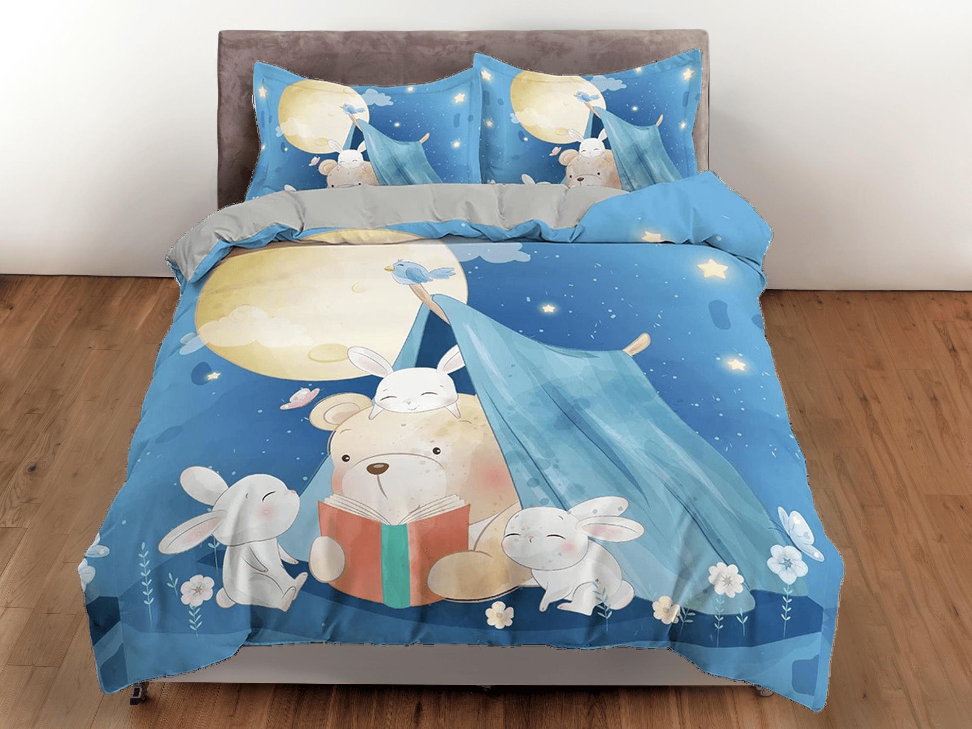 daintyduvet Cute teddy bear and bunny night camp toddler bedding, duvet cover for nursery kids, crib bedding, baby zipper bedding, king queen full twin