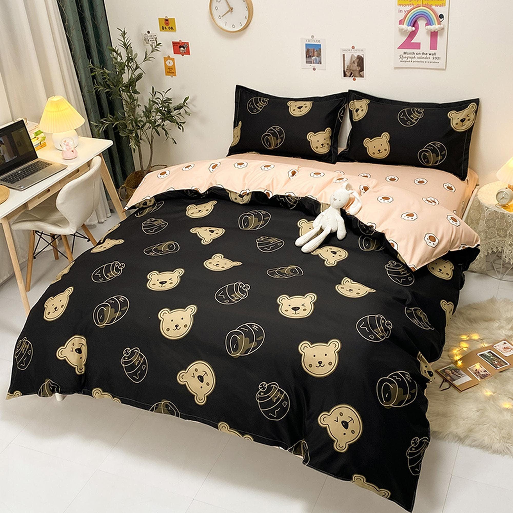 daintyduvet Cute Teddy Bear Bedding Set, Black Bedding Flat Sheet, Kawaii Dorm Bedding, Aesthetic Bedding, Kids Duvet Cover King Queen Full Twin Single