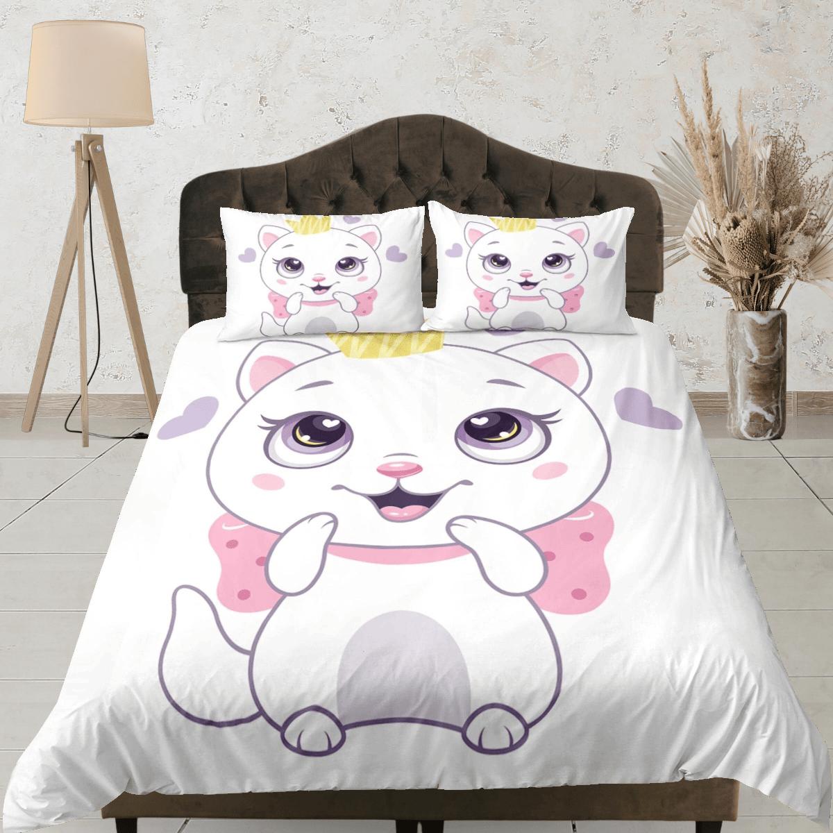 daintyduvet Cute white cat bedding, girl toddler bedding, kids duvet cover set, gift for cat lovers, baby bedding, baby shower gift