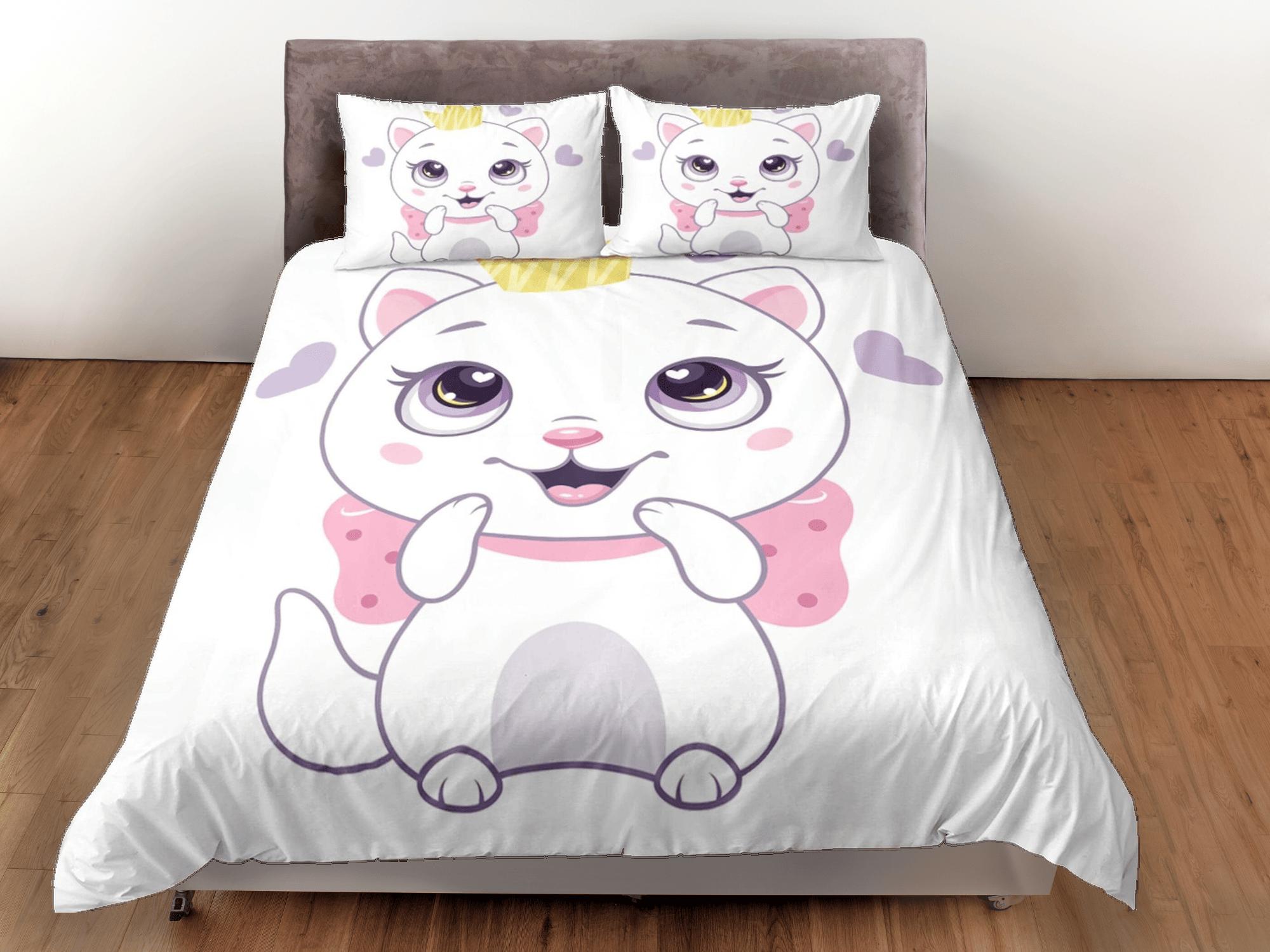 daintyduvet Cute white cat bedding, girl toddler bedding, kids duvet cover set, gift for cat lovers, baby bedding, baby shower gift