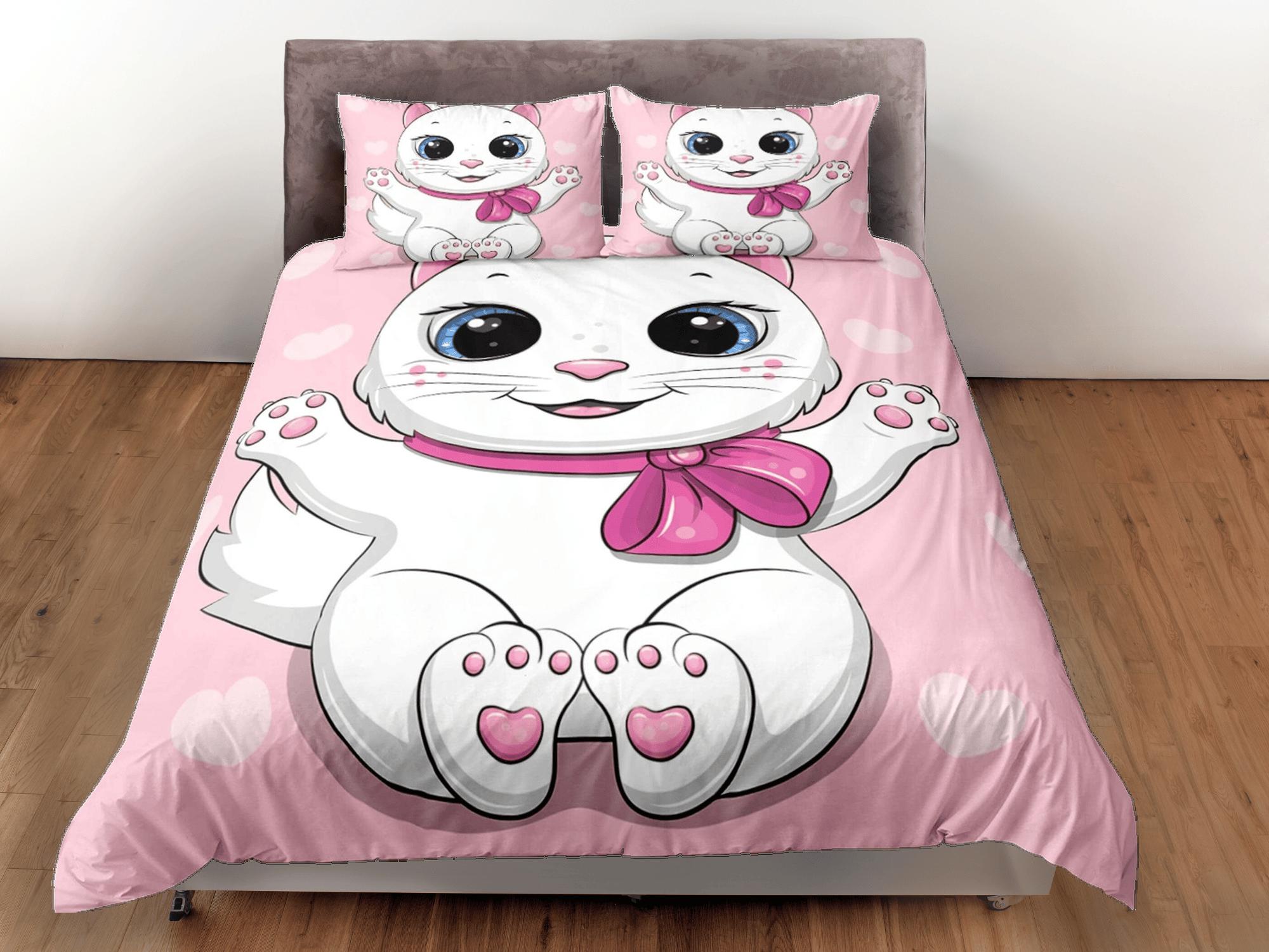 daintyduvet Cute white cat bedding pink, toddler bedding, kids duvet cover set, gift for cat lovers, baby bedding, baby shower gift, girly bedding