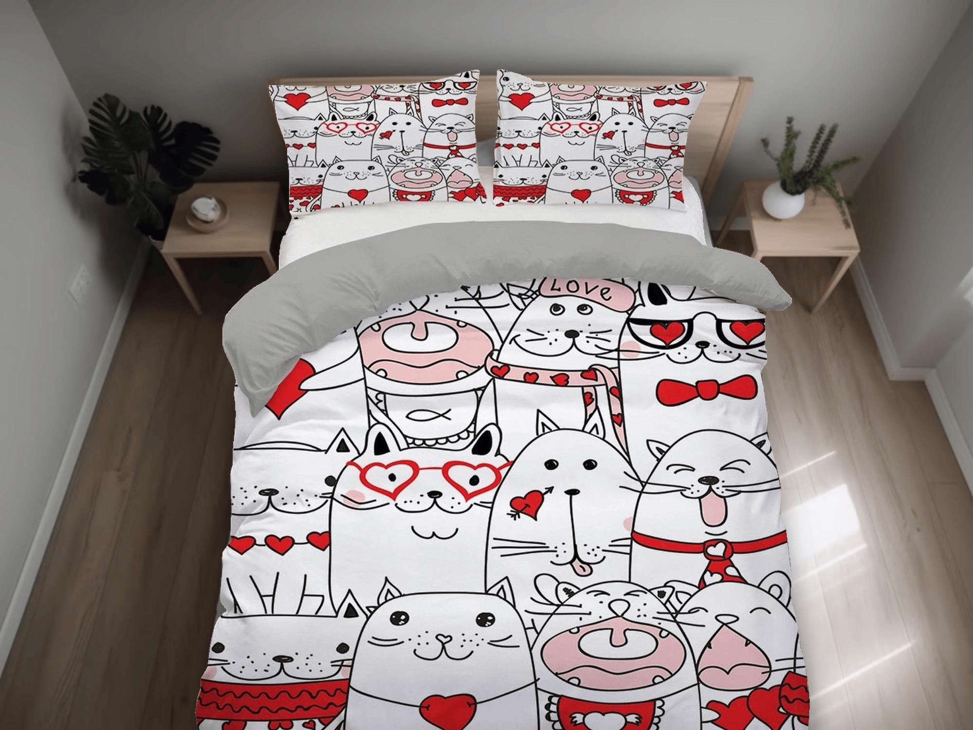 daintyduvet Cute white cat bedding with red accents, toddler bedding, kids duvet cover set, gift for cat lovers, baby bedding, baby shower gift