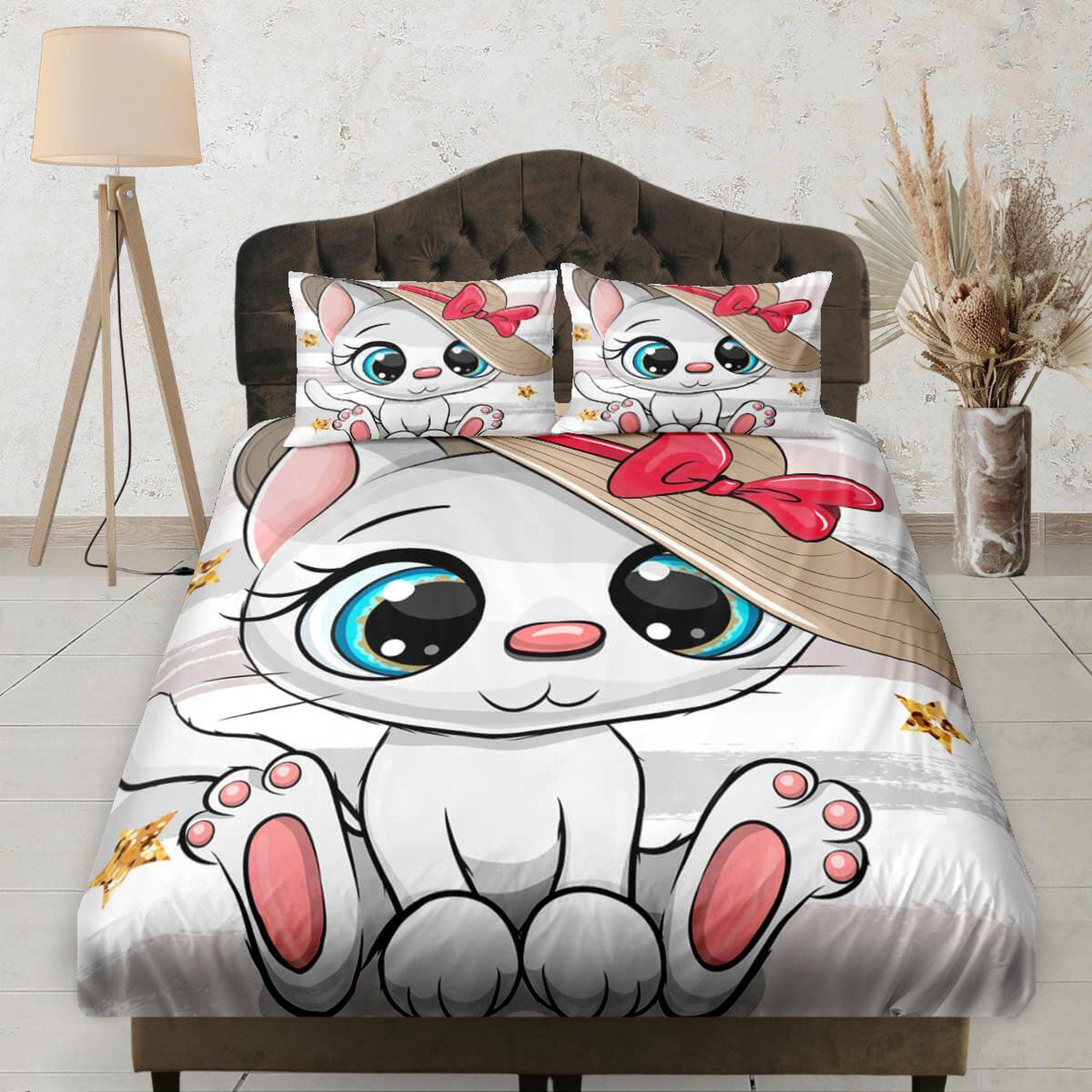 daintyduvet Cute White Cat Girly Fitted Sheet Deep Pocket, Aesthetic Dorm Bedding Set Full, Elastic Bedsheet, Crib Sheet, Baby Bedding, Cat Lover Gift