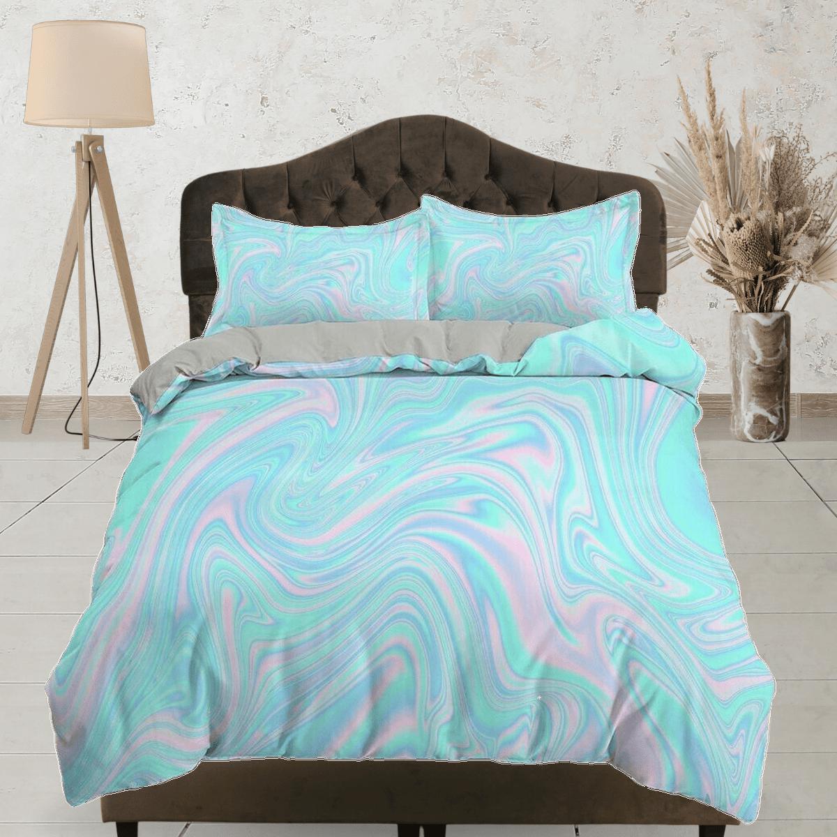 daintyduvet Cyan blue and pink pastel colors contemporary bedroom set aesthetic duvet cover, marble abstract art room decor boho chic bedding set full