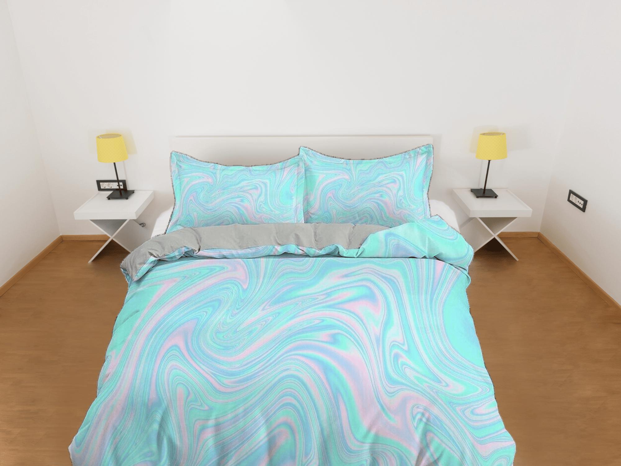daintyduvet Cyan blue and pink pastel colors contemporary bedroom set aesthetic duvet cover, marble abstract art room decor boho chic bedding set full