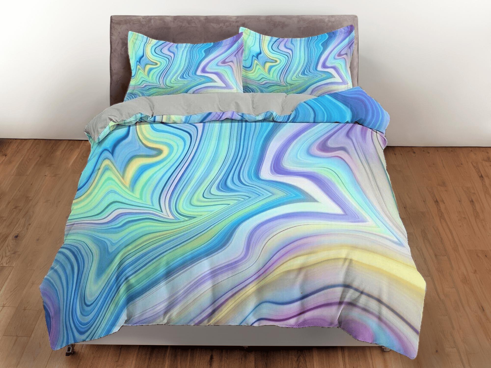 daintyduvet Cyan blue purple yellow contemporary bedroom set aesthetic duvet cover, marble abstract art room decor boho chic bedding set full king queen