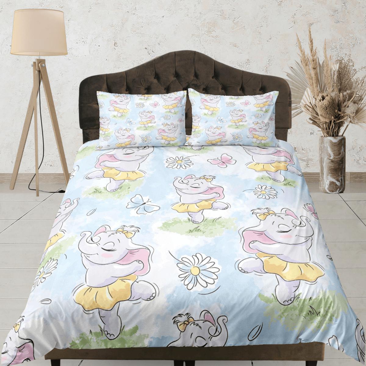 daintyduvet Dancing Cute Elephant Duvet Cover Set Colorful Bedspread, Kids Full Bedding Set with Pillowcase, Comforter Cover Twin
