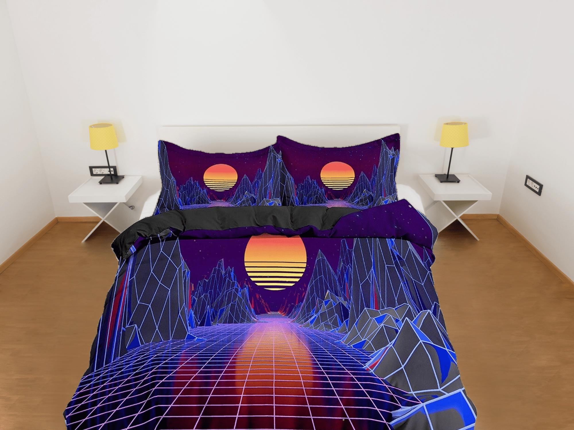 daintyduvet Dark Colored Vaporwave Bedding with Mountains and Sunset, Cool Hippie Duvet Cover Set for Boys Bedroom, Trippy Psychedelic Bed Cover 90s