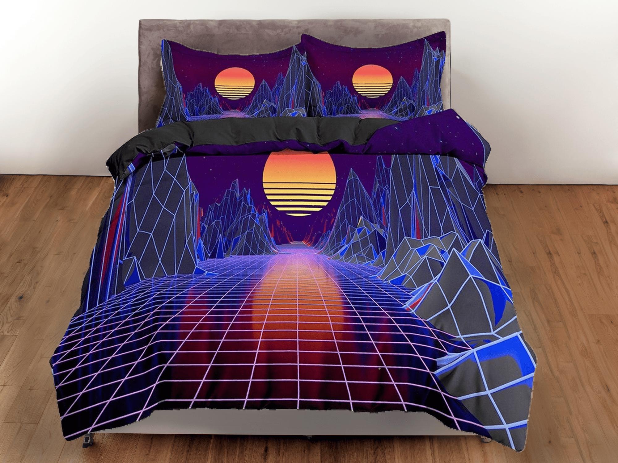 daintyduvet Dark Colored Vaporwave Bedding with Mountains and Sunset, Cool Hippie Duvet Cover Set for Boys Bedroom, Trippy Psychedelic Bed Cover 90s