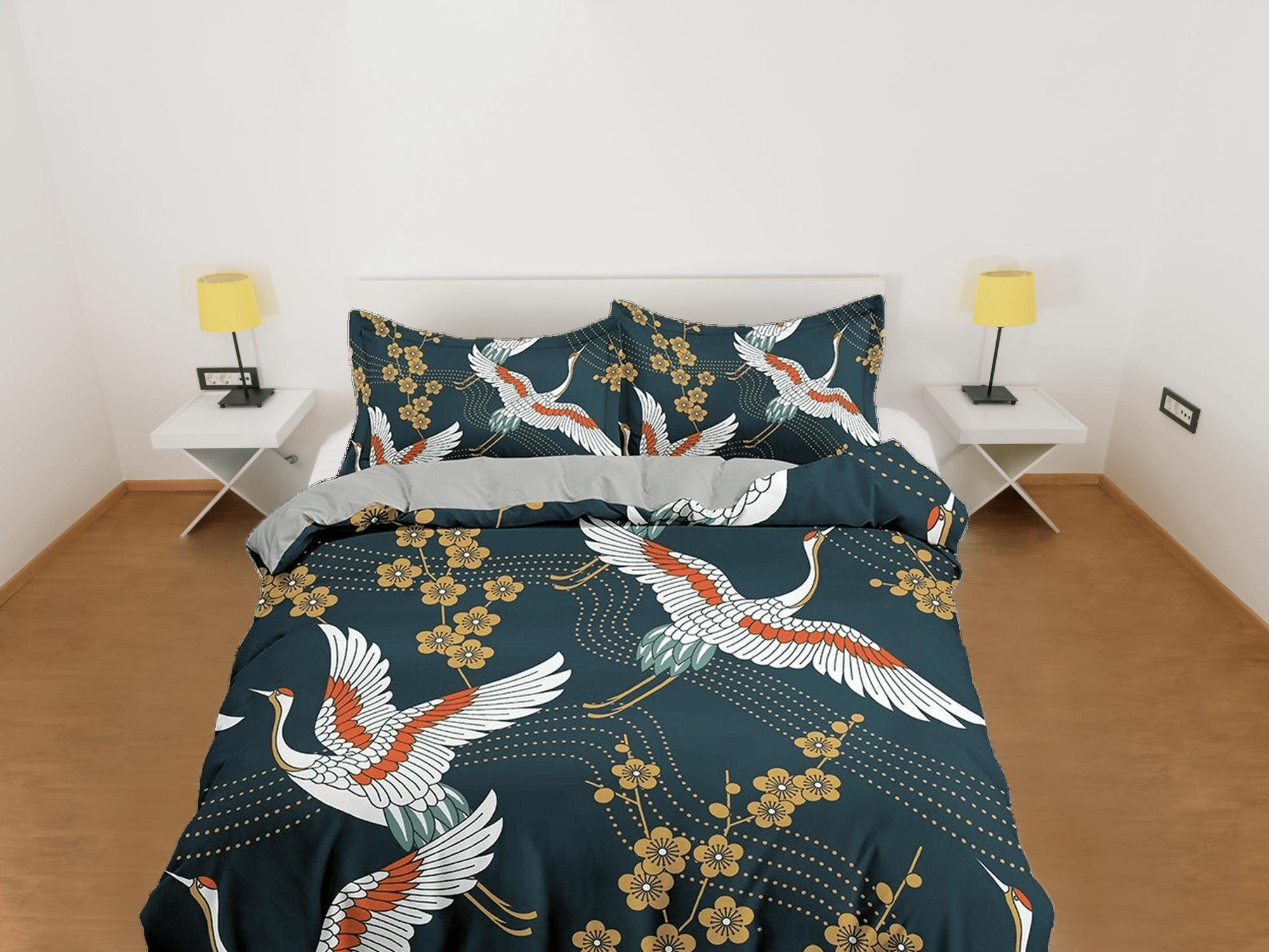 daintyduvet Dark green oriental bedding set cover, crane bird and cherry blossom floral prints on Japanese style duvet cover, king, queen, full, twin