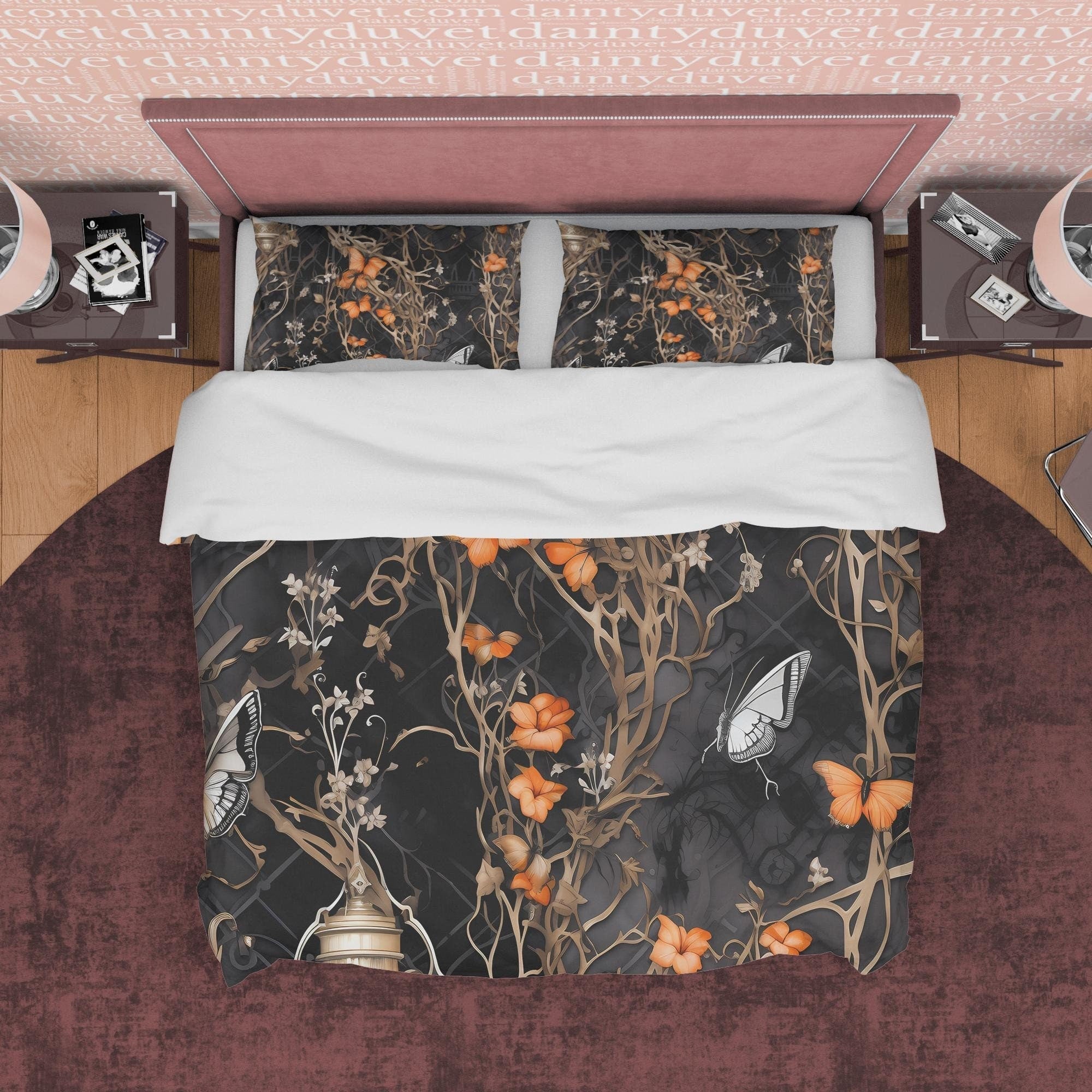 Death Butterfly Duvet Cover Set, Dark Quilt Cover Aesthetic Zipper Bedding, Halloween Room Decor, Black Floral Vine Blanket Cover