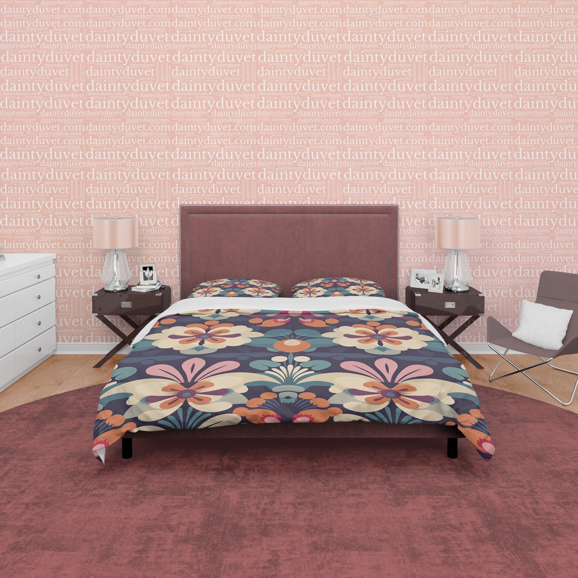 Decorative Abstract Floral Retro Bedding Set, Vintage Flower Bohemian Duvet Cover, Seamless Pattern  Quilt Cover, Zipper Bedding
