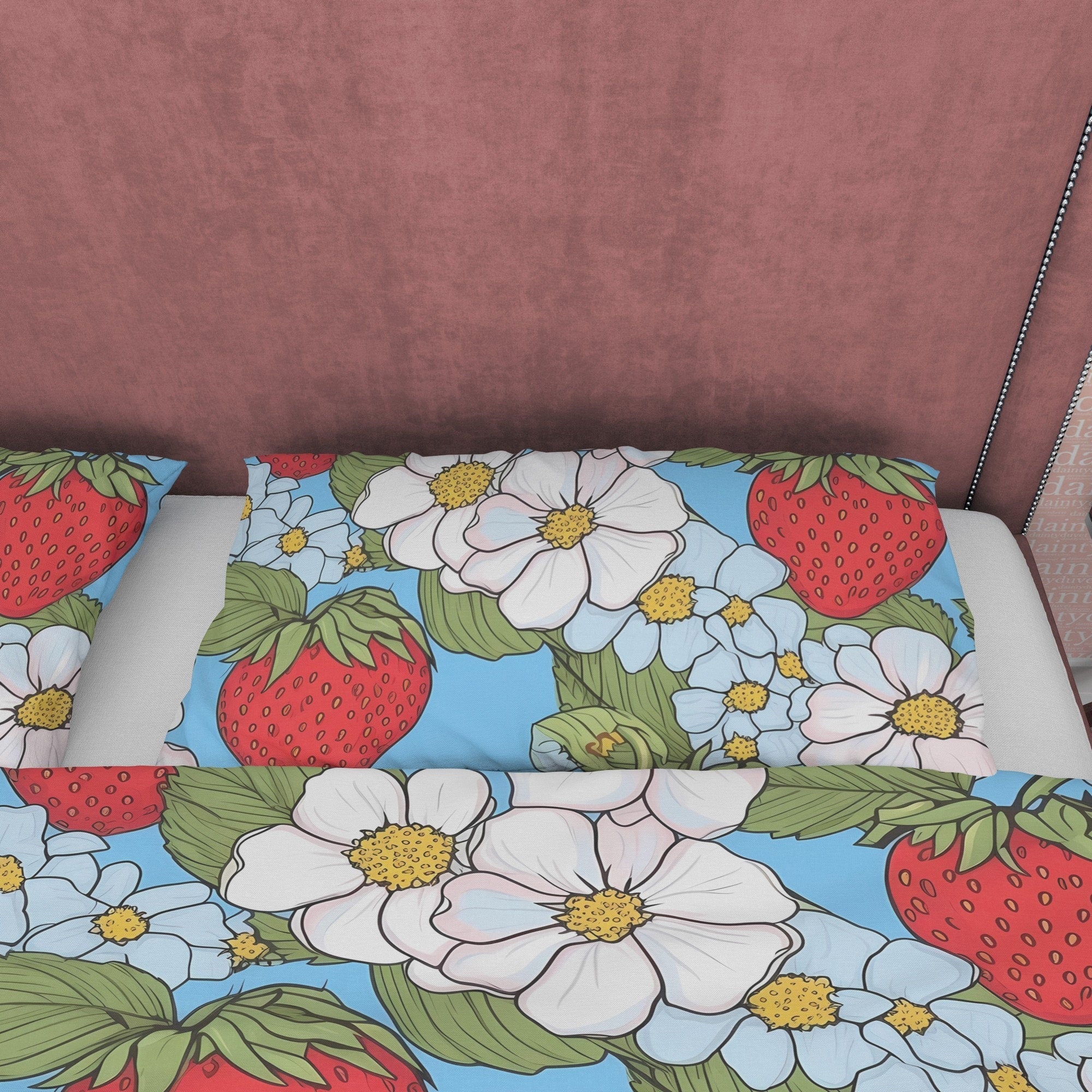 Delightful Strawberry Duvet Cover Boho Bedroom Set, Cute Bedspread, Girly Quilt Cover, Dorm Bedding, Baby Girl Toddler Bedding, Foodie Gift