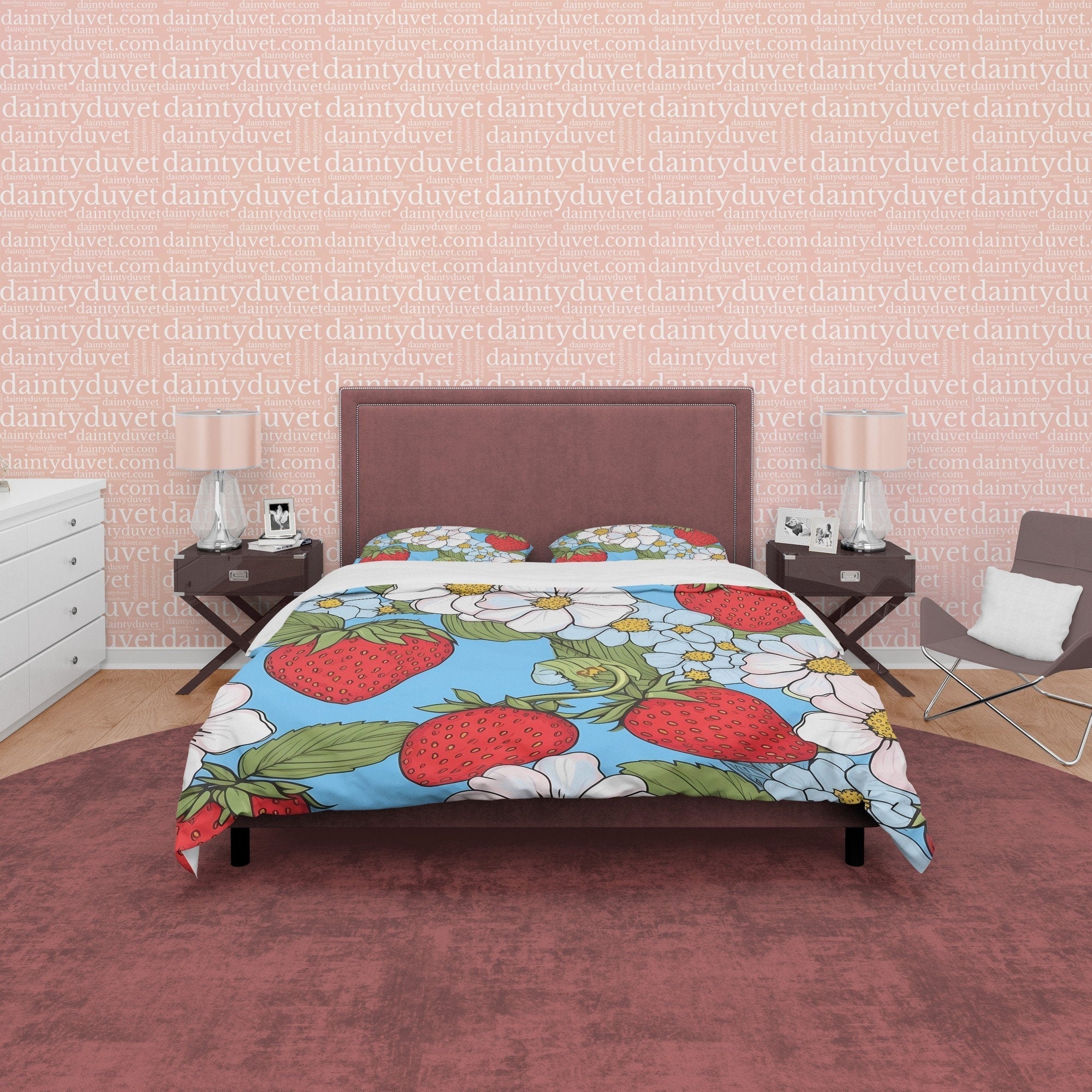 Delightful Strawberry Duvet Cover Boho Bedroom Set, Cute Bedspread, Girly Quilt Cover, Dorm Bedding, Baby Girl Toddler Bedding, Foodie Gift