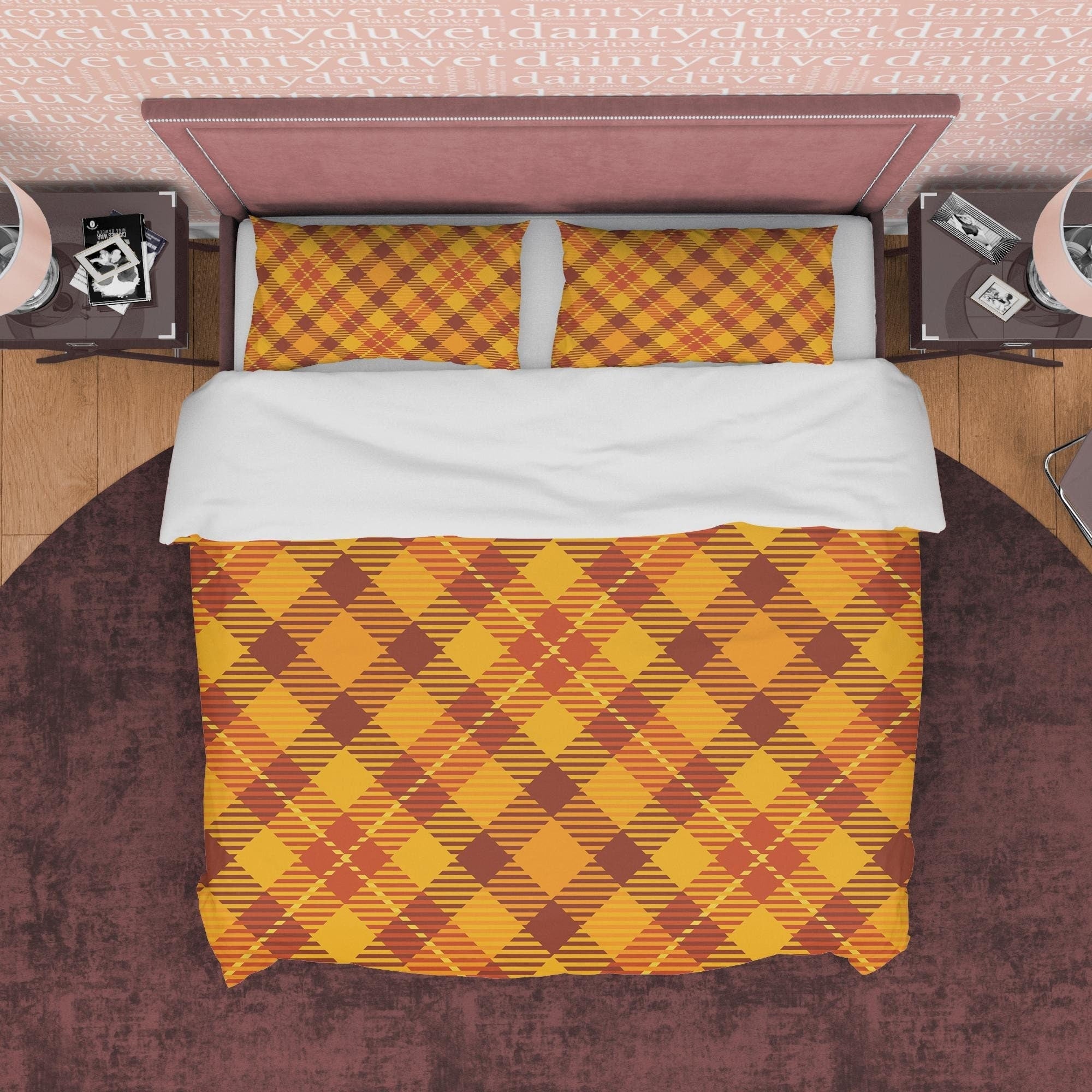 Diagonal Plaid Bedding Checkered Duvet Cover, Orange Modern Farmhouse Rustic Bedroom Set, Tartan Quilt Cover, Brown Bedspread Autumn Color
