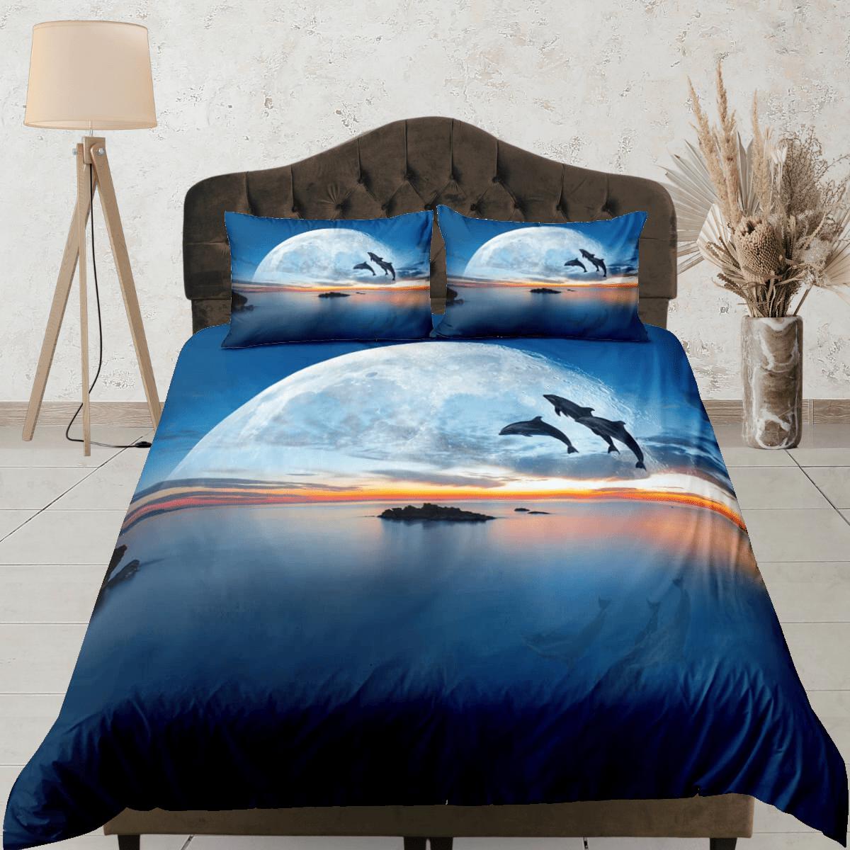 daintyduvet Dolphin dash blue moon duvet cover set galaxy bedding, space bedding set full, duvet cover king, queen, dorm bedding, toddler bedding
