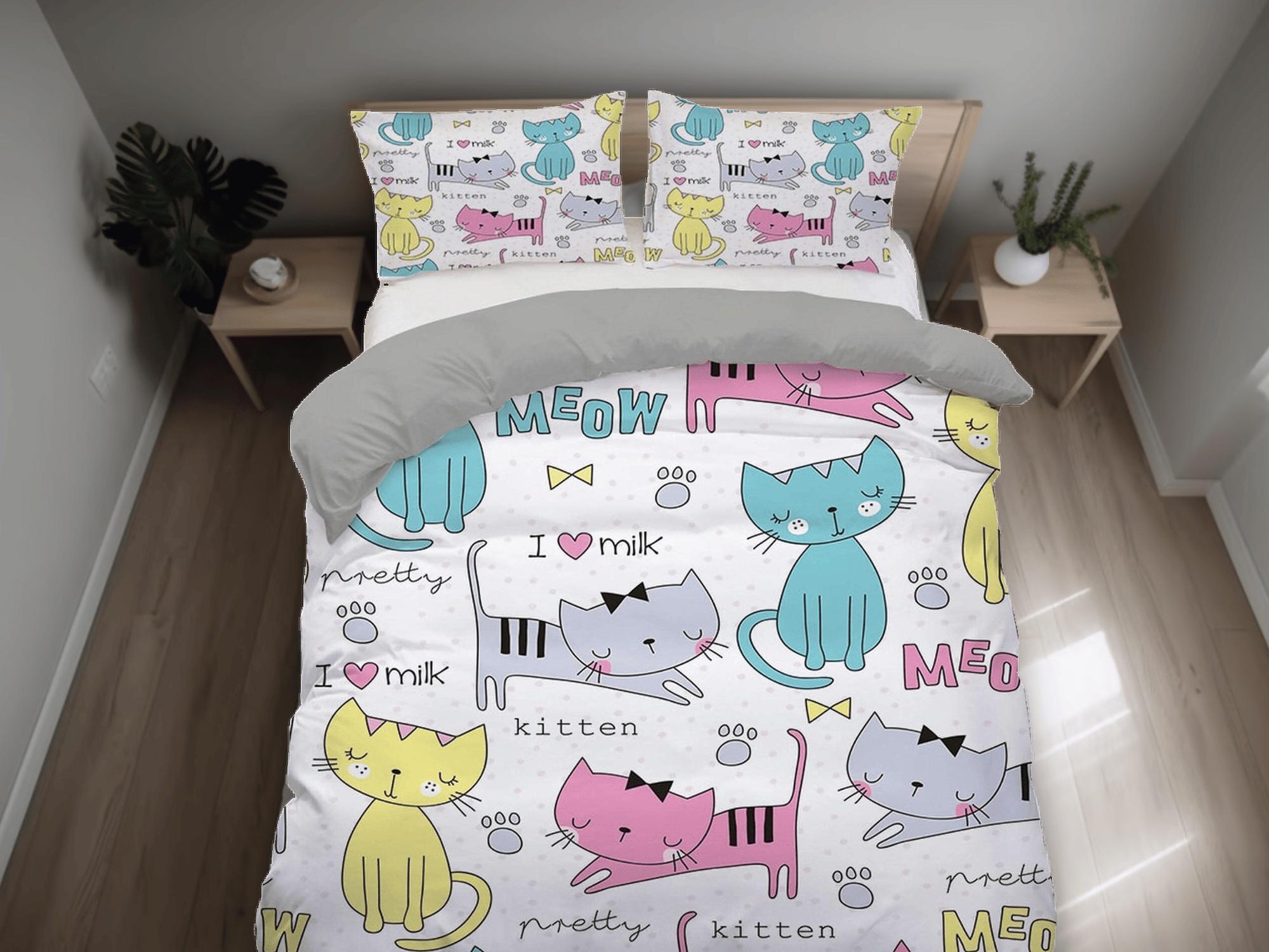 daintyduvet Doodle style colorful cat bedding, toddler bedding, kids duvet cover set, gift for cat lovers, baby bedding, baby shower gift