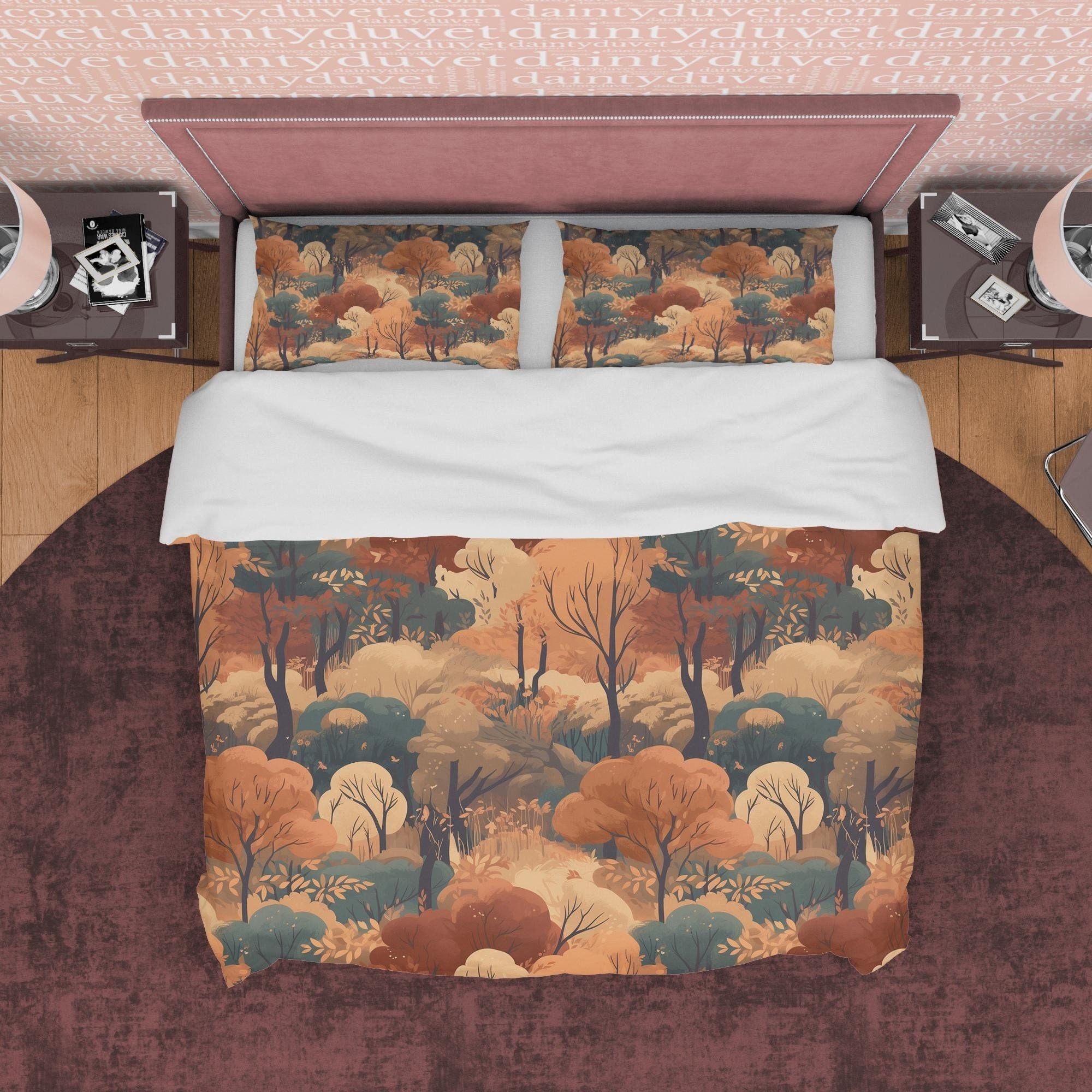 Dried Forest Rustic Duvet Cover Fall Bedding Set, Warm Autumn Colors Printed Quilt Cover, Foliage Bedspread, Boho Brown Blanket Cover